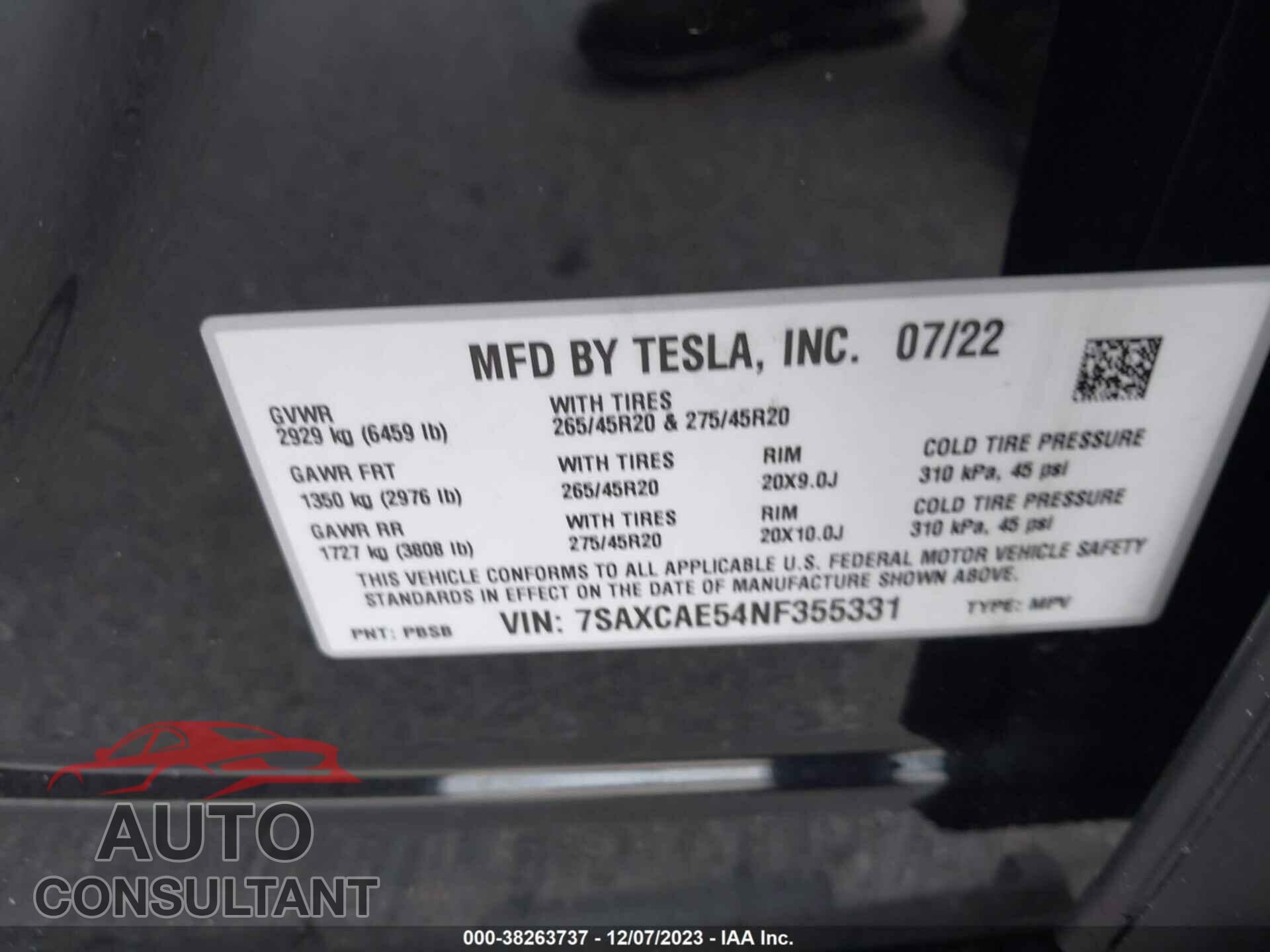 TESLA MODEL X 2022 - 7SAXCAE54NF355331