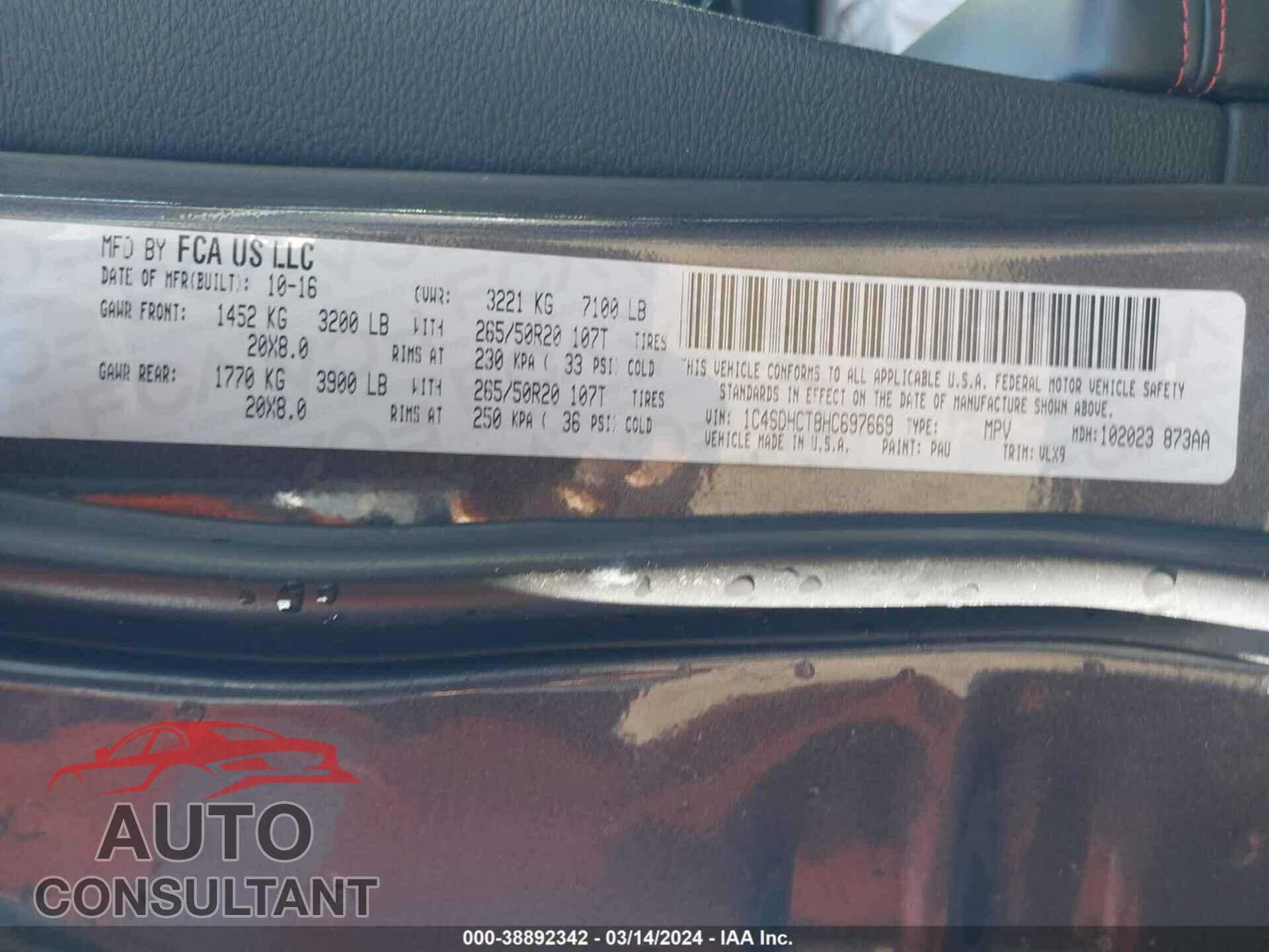 DODGE DURANGO 2017 - 1C4SDHCT8HC697669