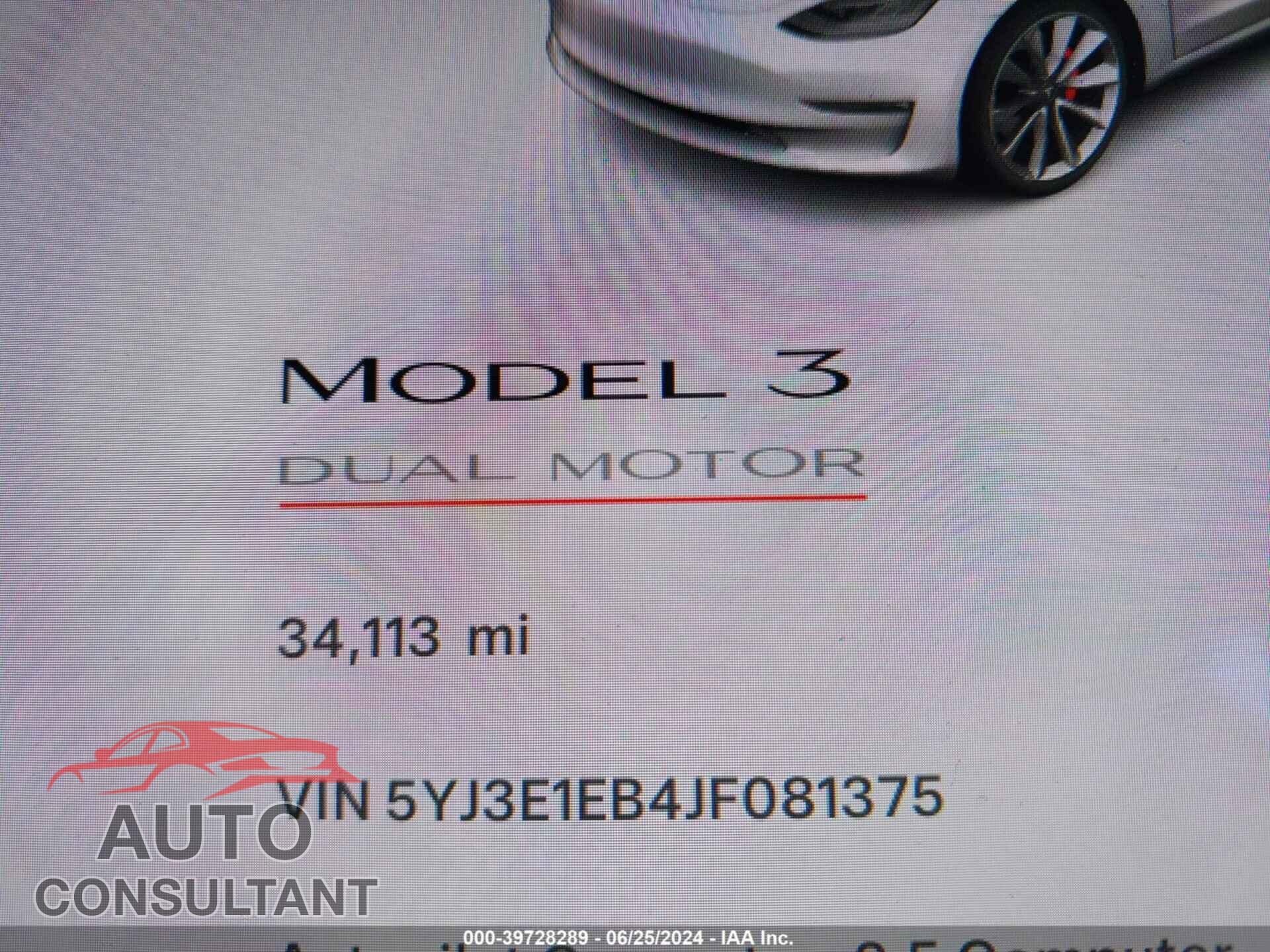 TESLA MODEL 3 2018 - 5YJ3E1EB4JF081375