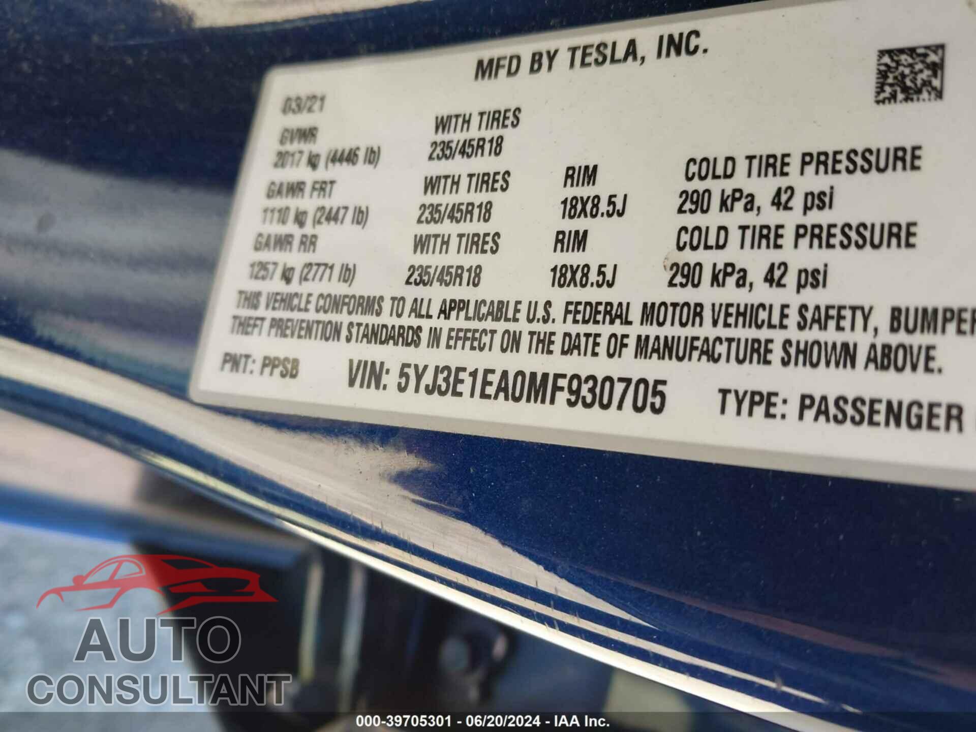 TESLA MODEL 3 2021 - 5YJ3E1EA0MF930705