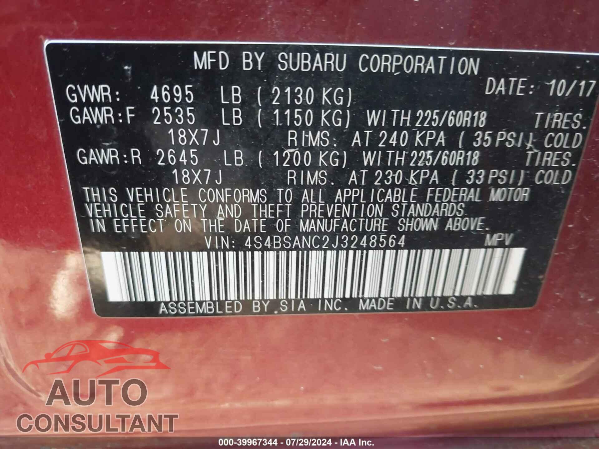 SUBARU OUTBACK 2018 - 4S4BSANC2J3248564