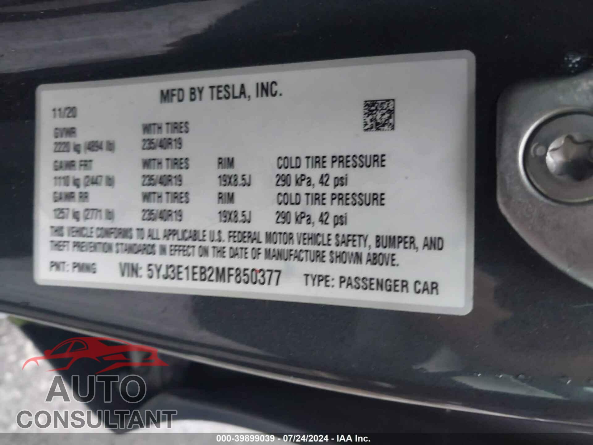 TESLA MODEL 3 2021 - 5YJ3E1EB2MF850377