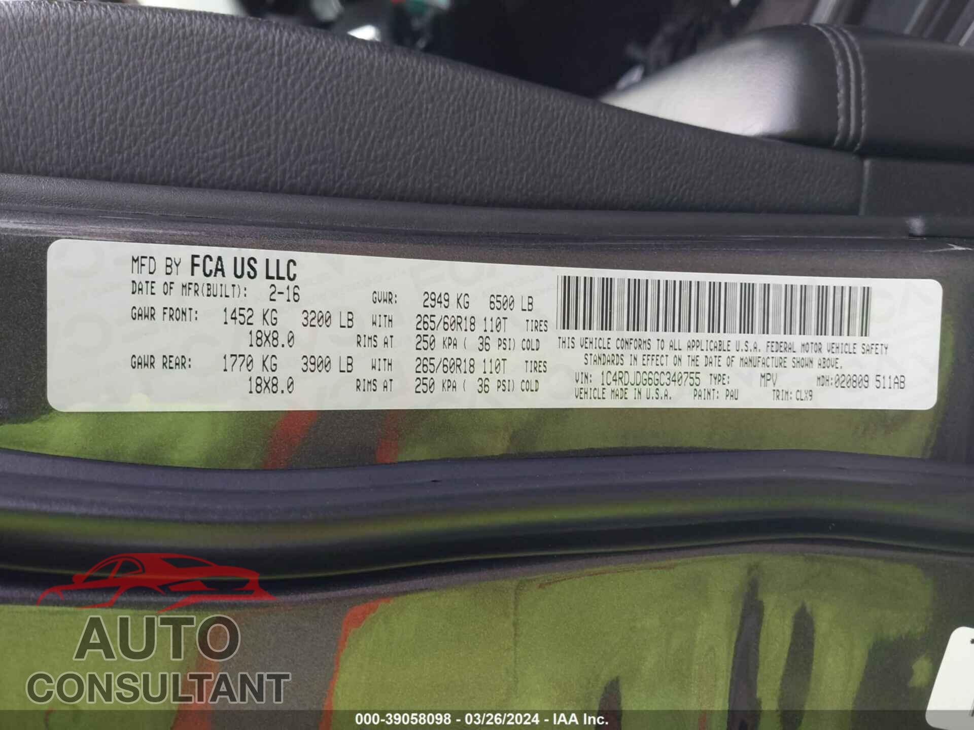 DODGE DURANGO 2016 - 1C4RDJDG6GC340755