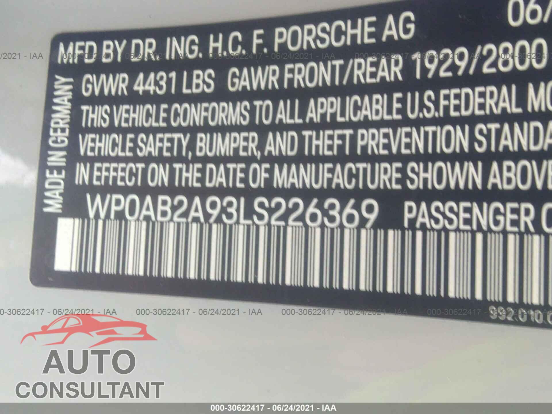 PORSCHE 911 2020 - WP0AB2A93LS226369