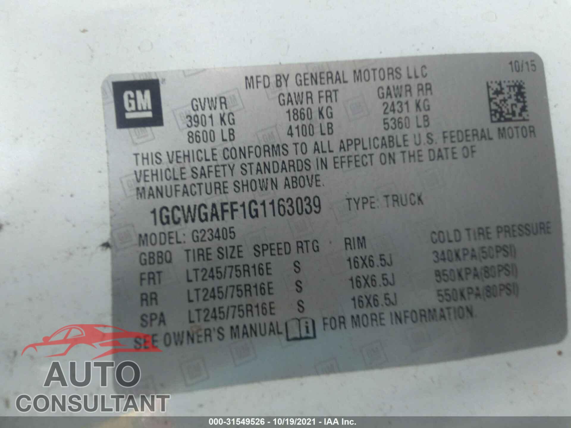 CHEVROLET EXPRESS CARGO VAN 2016 - 1GCWGAFF1G1163039
