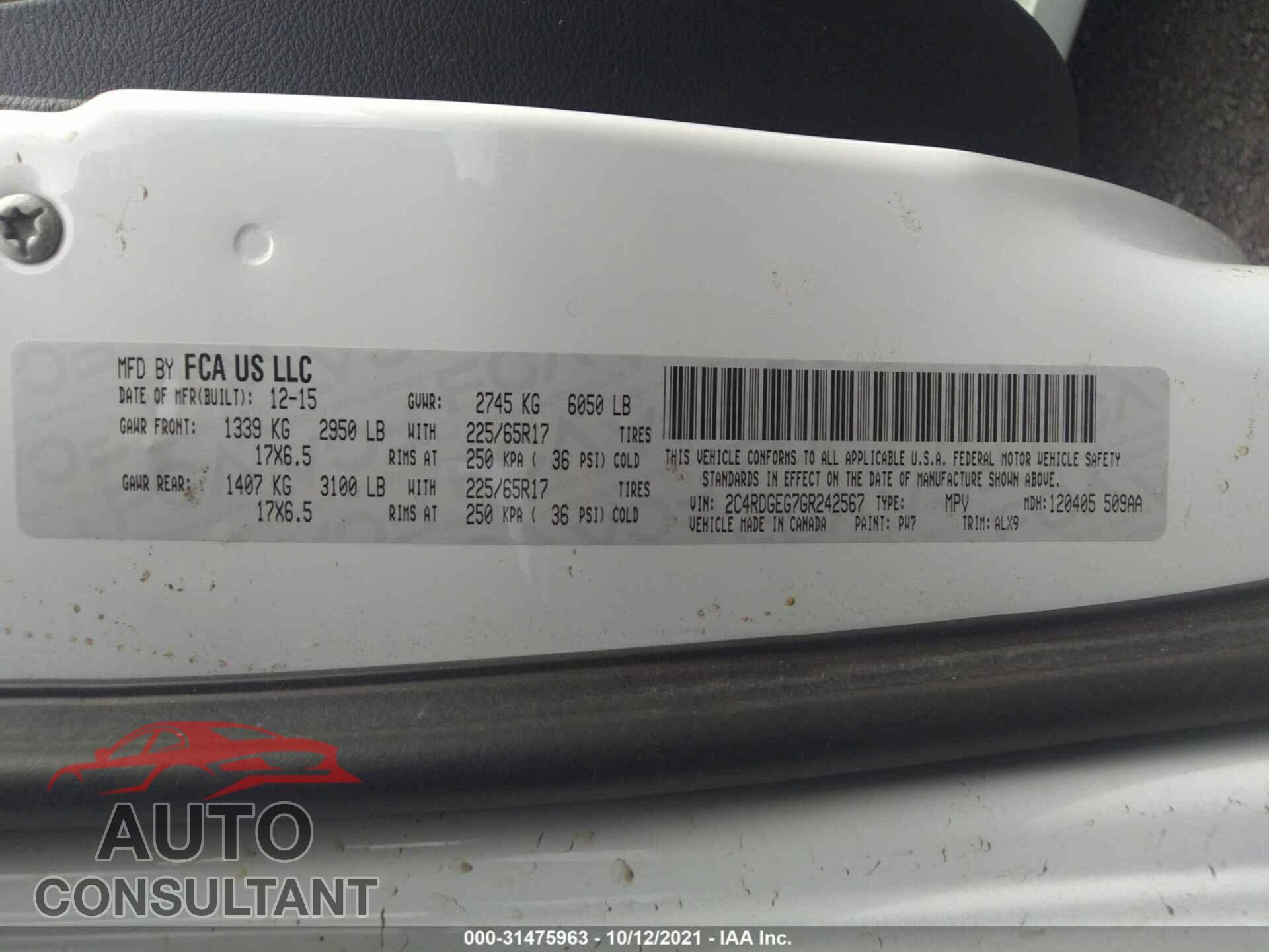 DODGE GRAND CARAVAN 2016 - 2C4RDGEG7GR242567