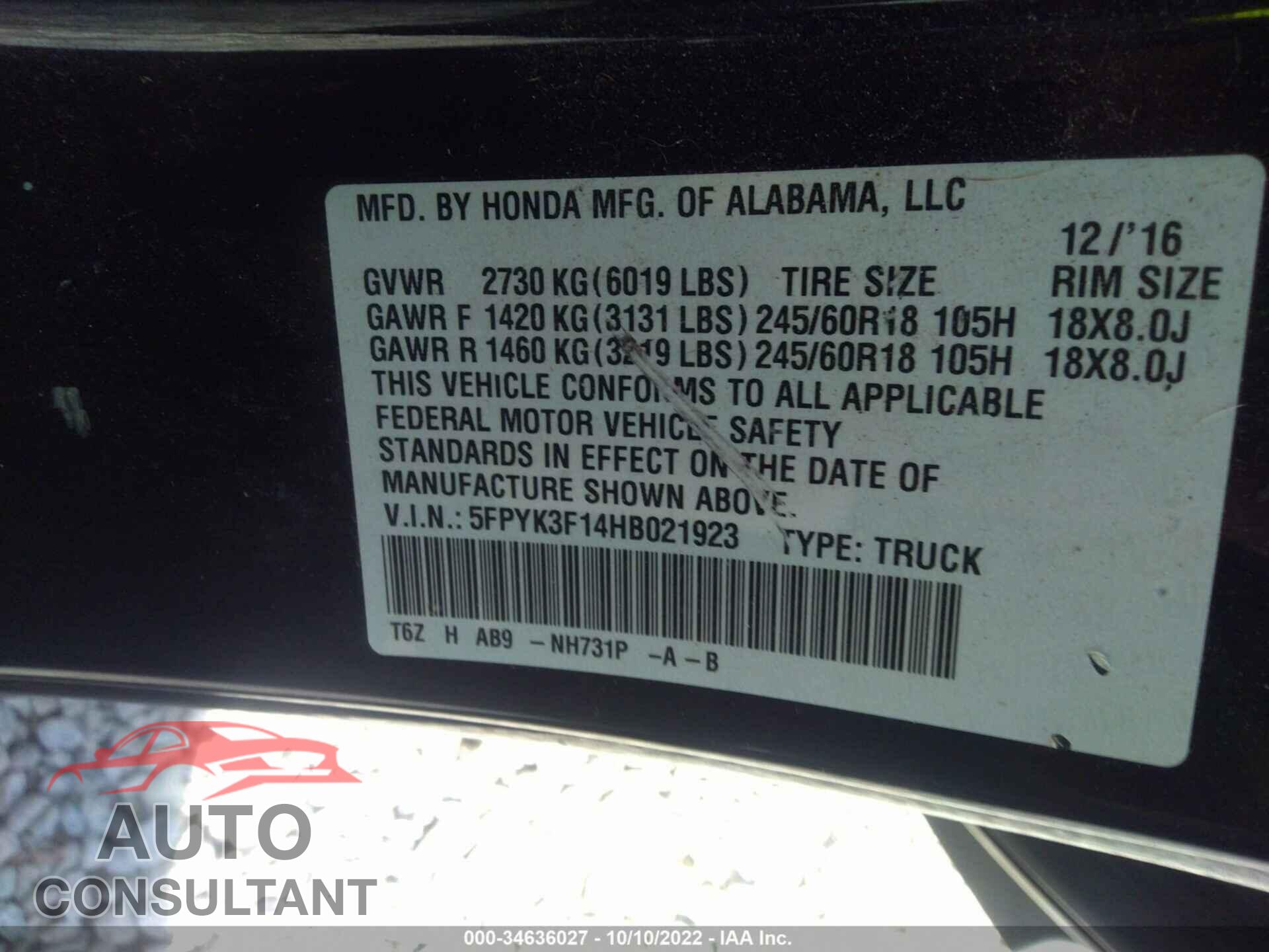 HONDA RIDGELINE 2017 - 5FPYK3F14HB021923