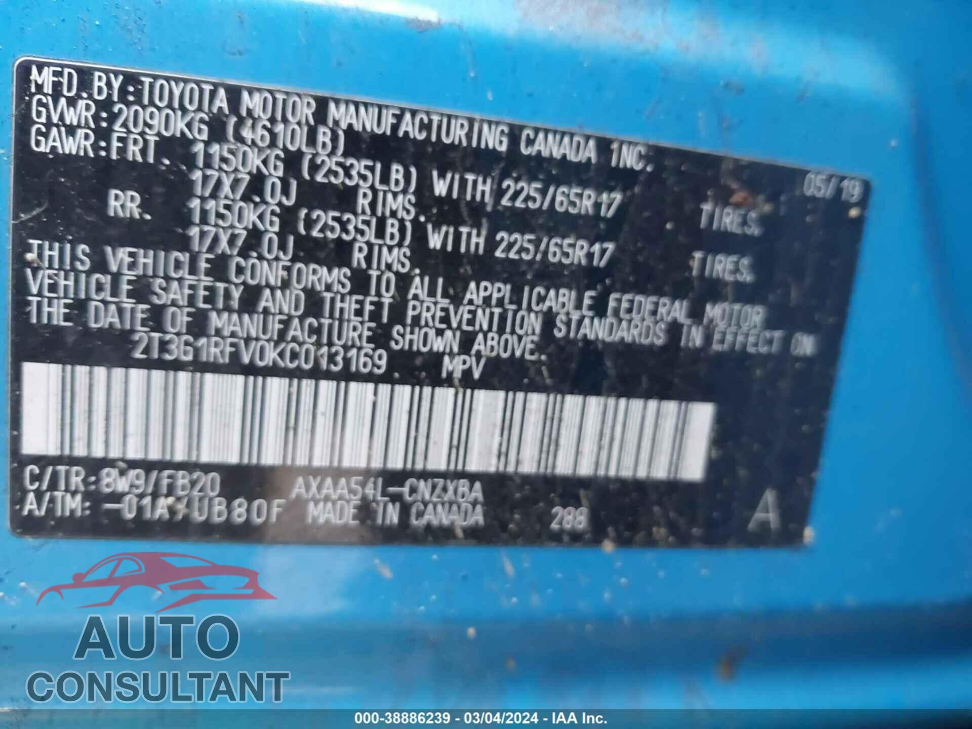 TOYOTA RAV4 2019 - 2T3G1RFV0KC013169