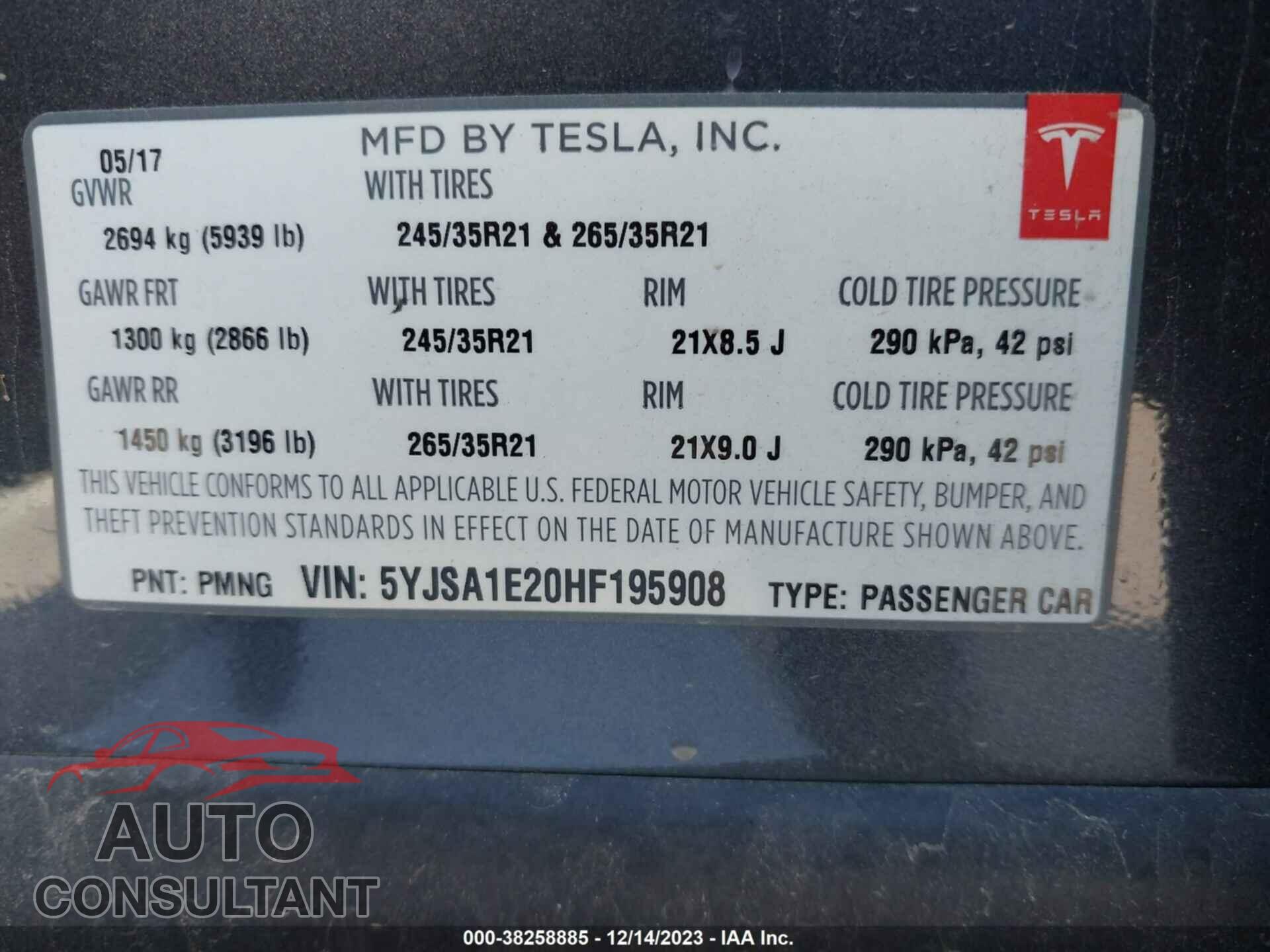 TESLA MODEL S 2017 - 5YJSA1E20HF195908