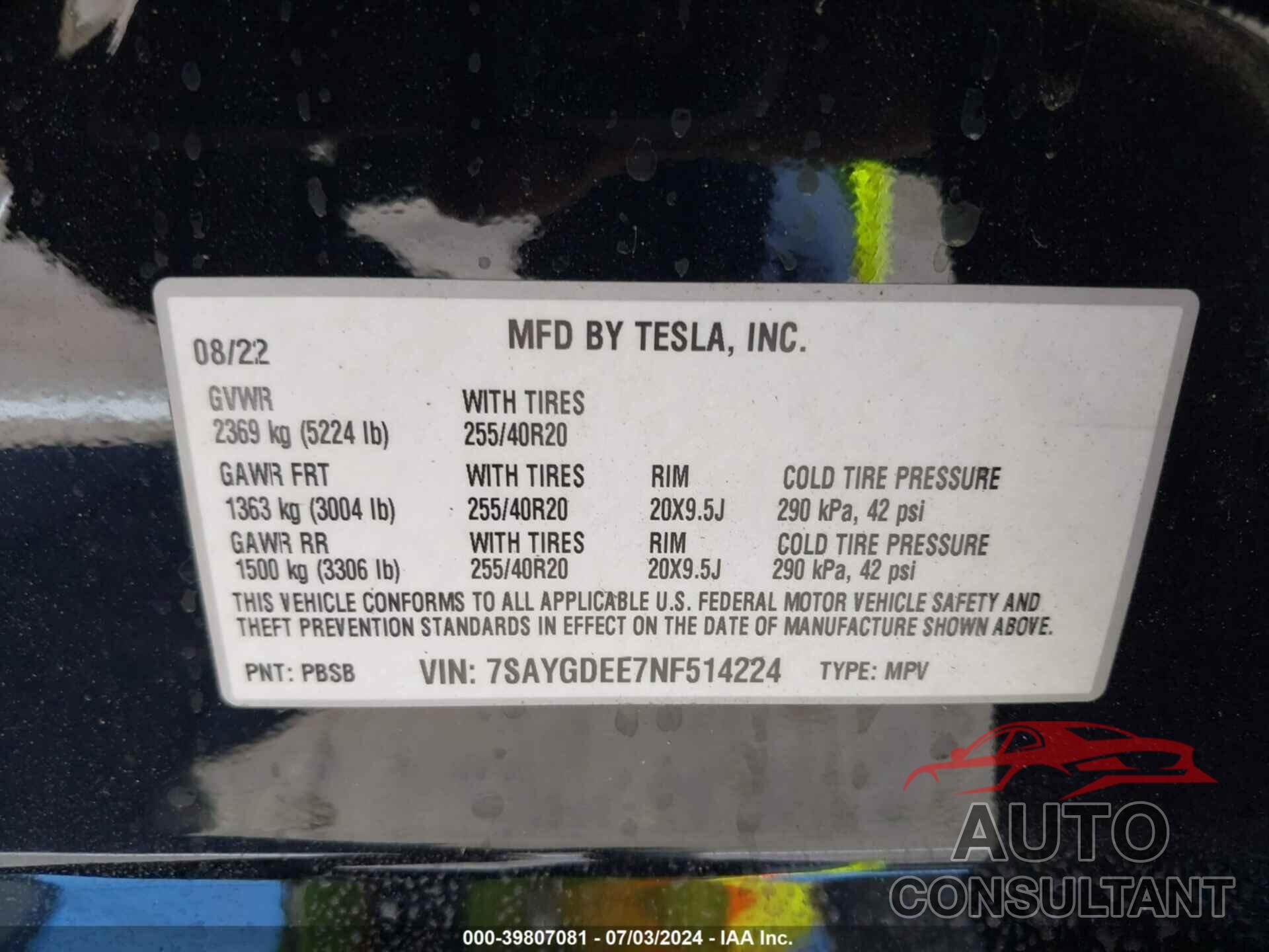 TESLA MODEL Y 2022 - 7SAYGDEE7NF514224