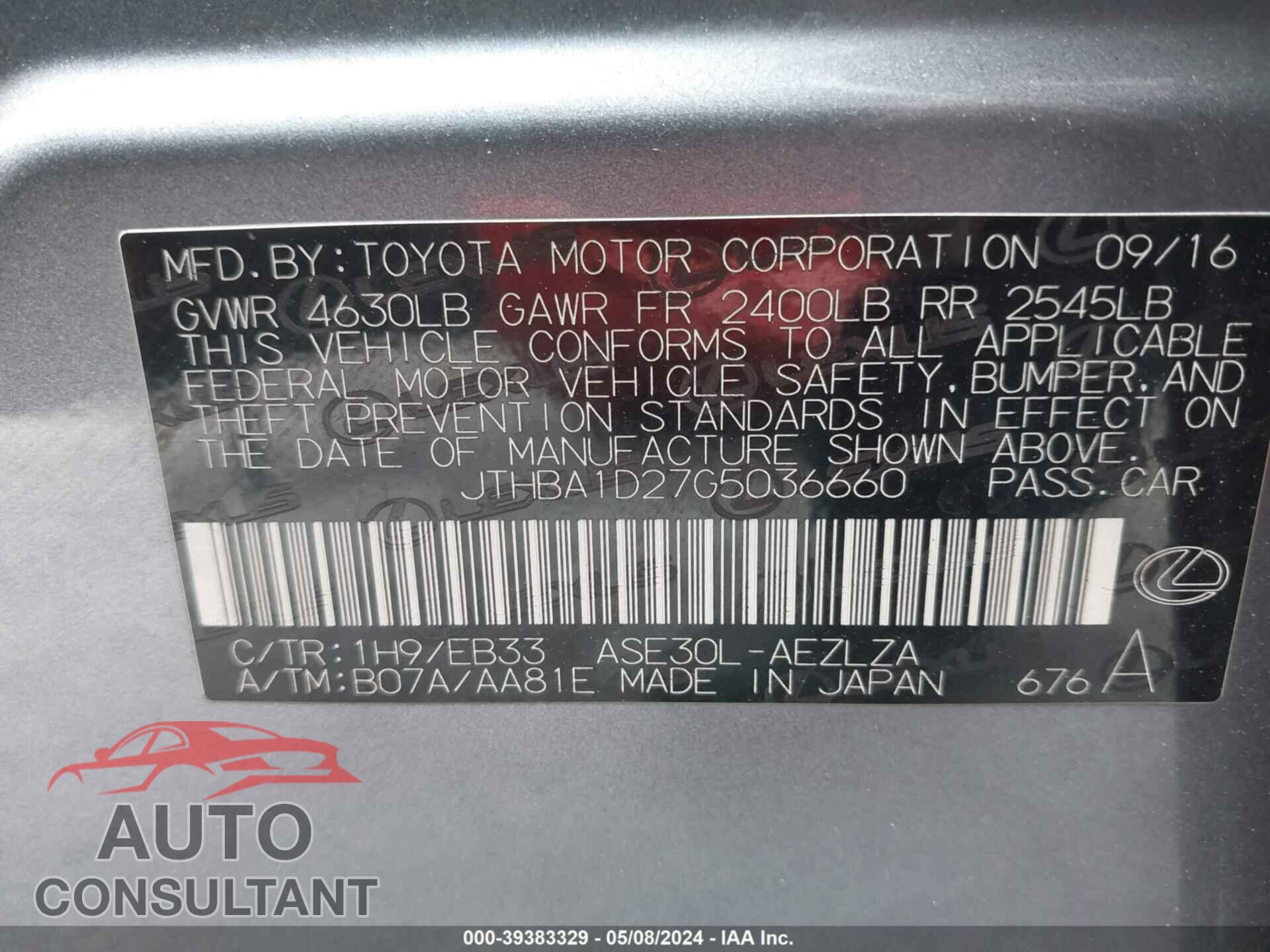 LEXUS IS 2016 - JTHBA1D27G5036660