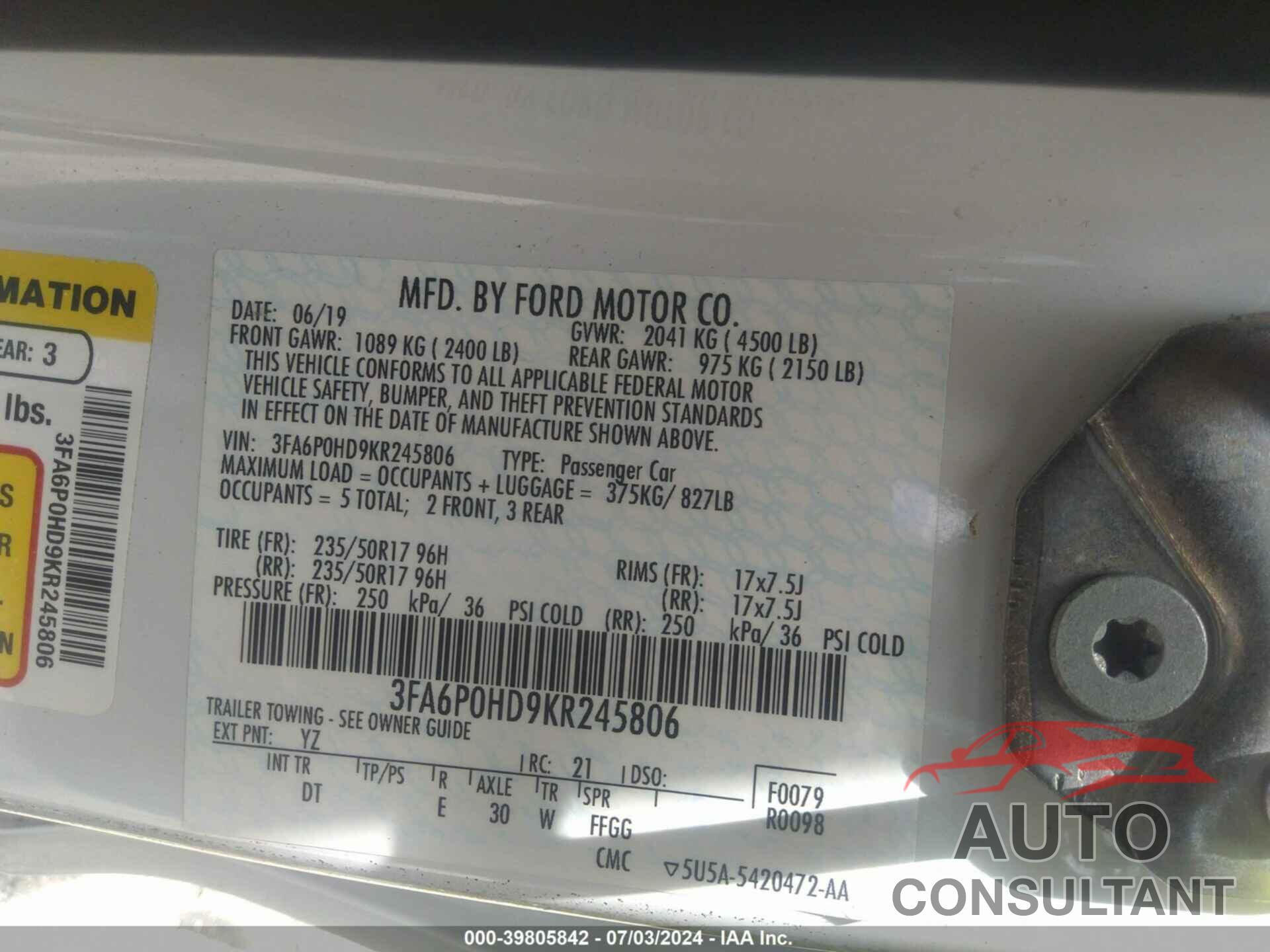 FORD FUSION 2019 - 3FA6P0HD9KR245806