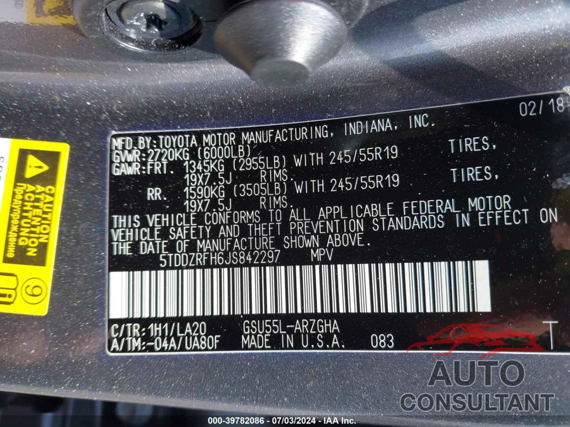 TOYOTA HIGHLANDER 2018 - 5TDDZRFH6JS842297
