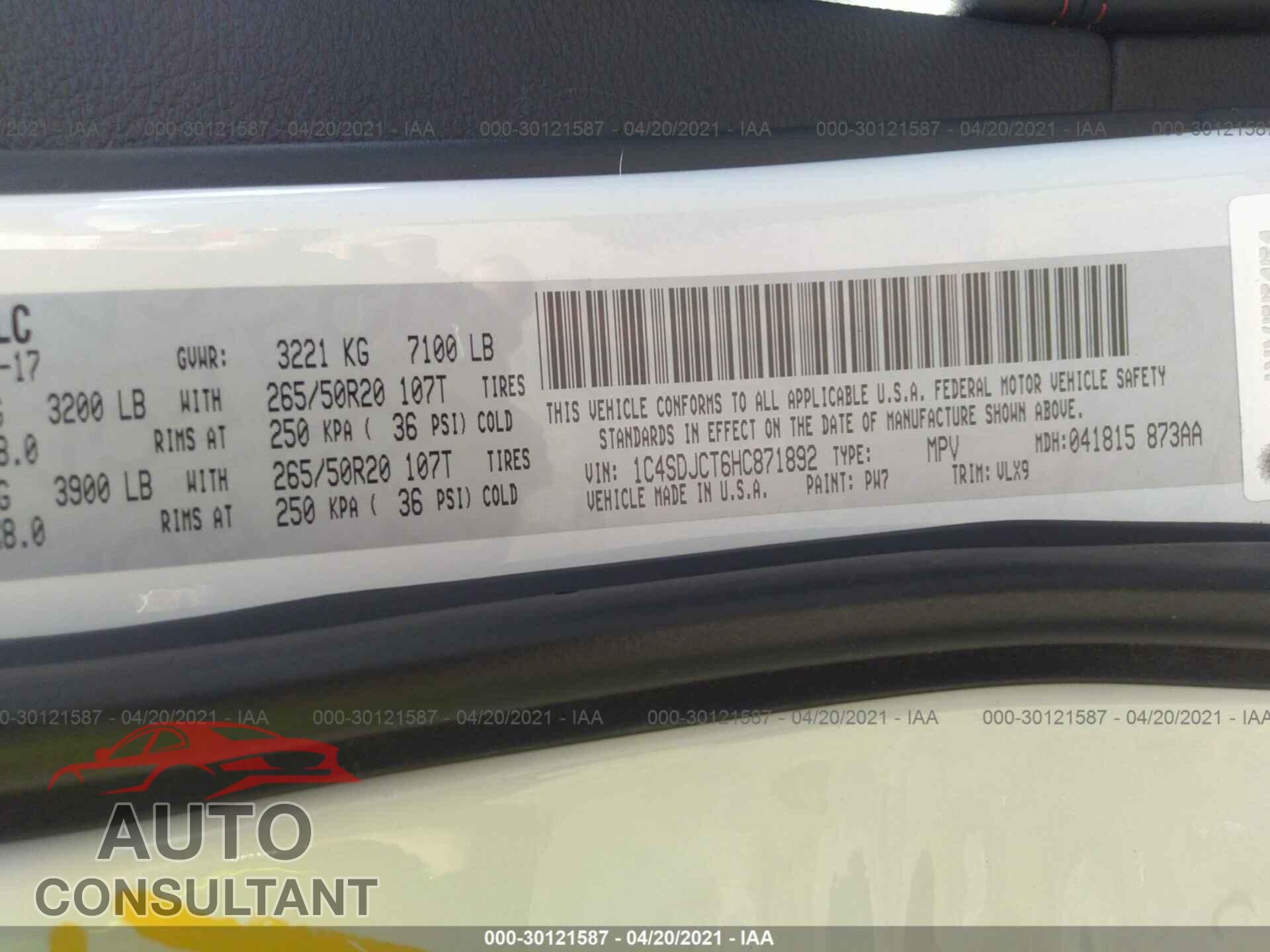 DODGE DURANGO 2017 - 1C4SDJCT6HC871892