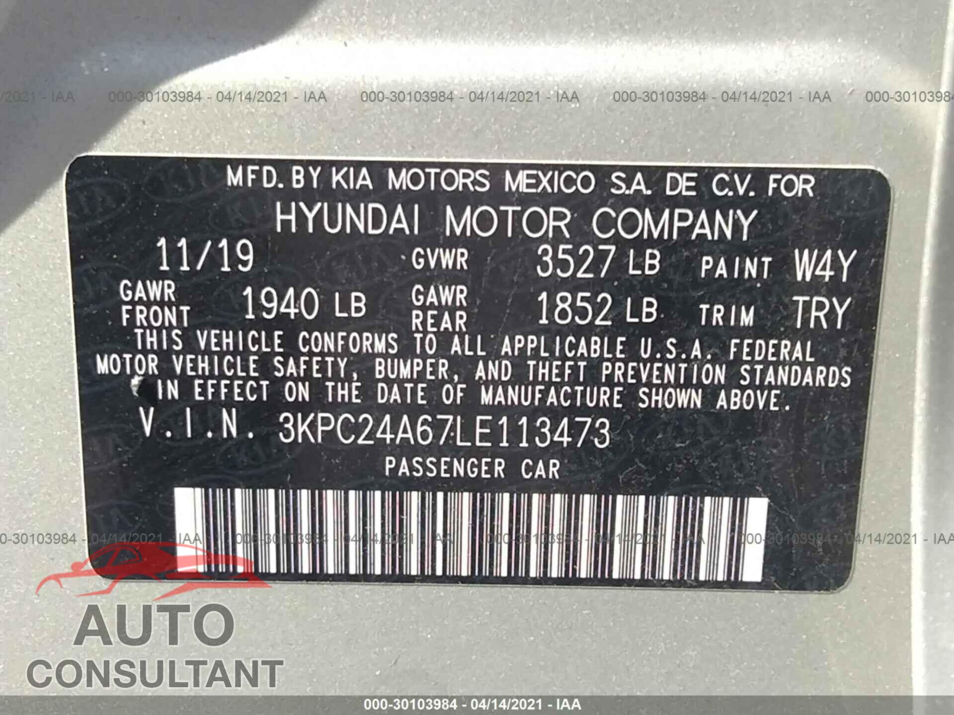 HYUNDAI ACCENT 2020 - 3KPC24A67LE113473