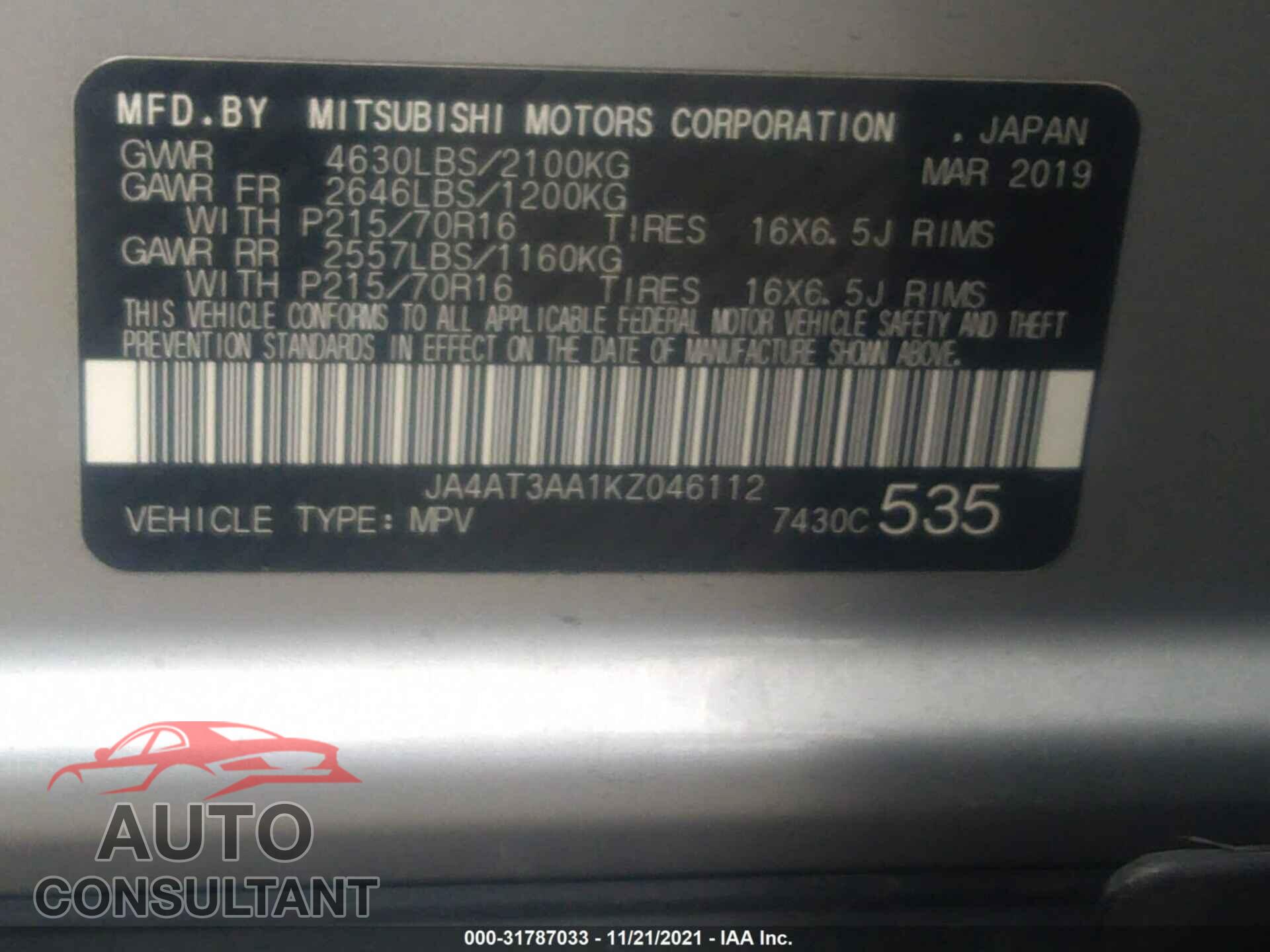 MITSUBISHI ECLIPSE CROSS 2019 - JA4AT3AA1KZ046112