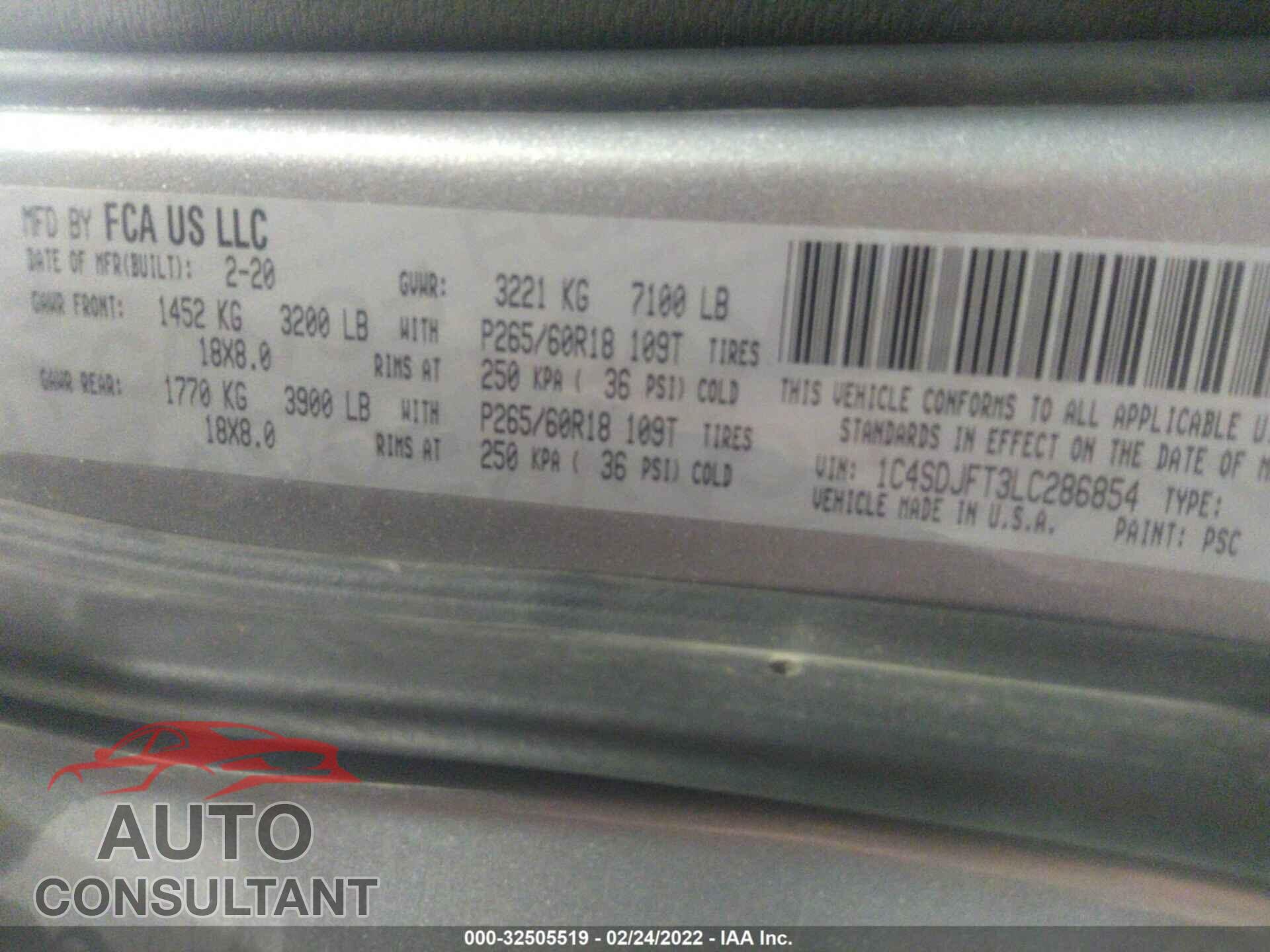 DODGE DURANGO 2020 - 1C4SDJFT3LC286854