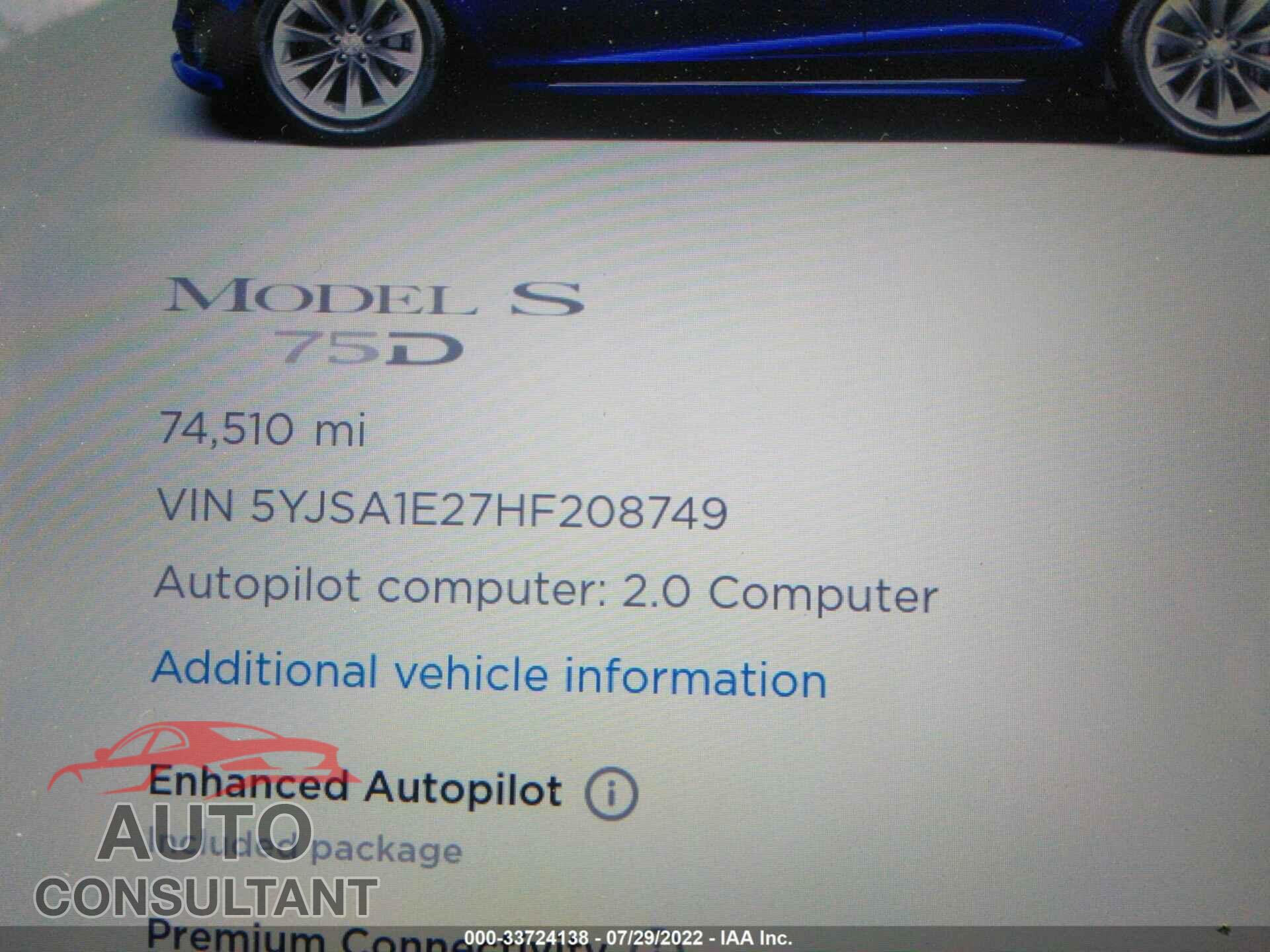 TESLA MODEL S 2017 - 5YJSA1E27HF208749