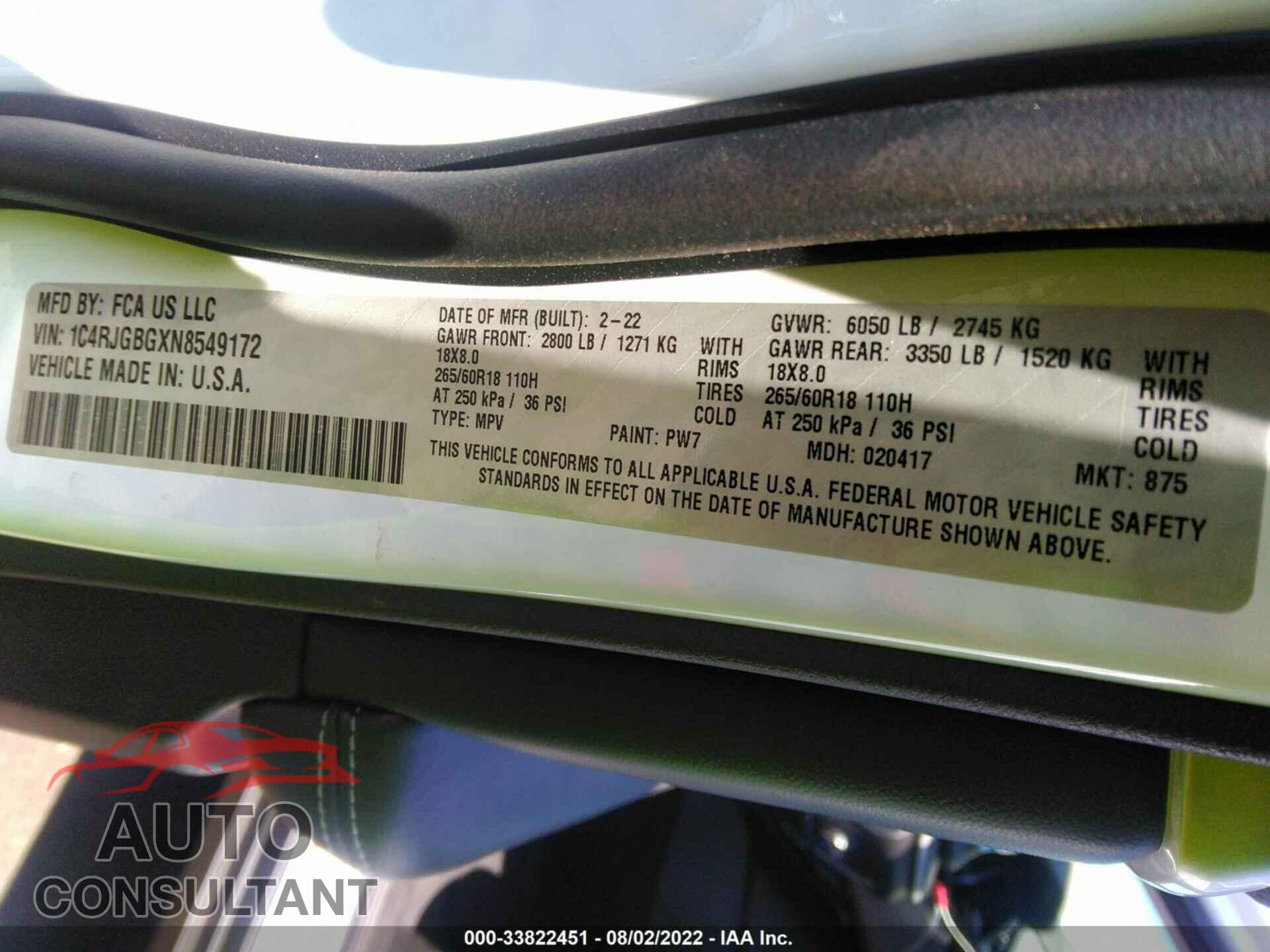 JEEP GRAND CHEROKEE 2022 - 1C4RJGBGXN8549172