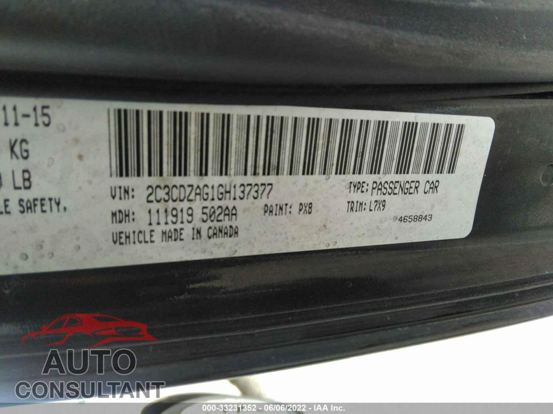 DODGE CHALLENGER 2016 - 2C3CDZAG1GH137377