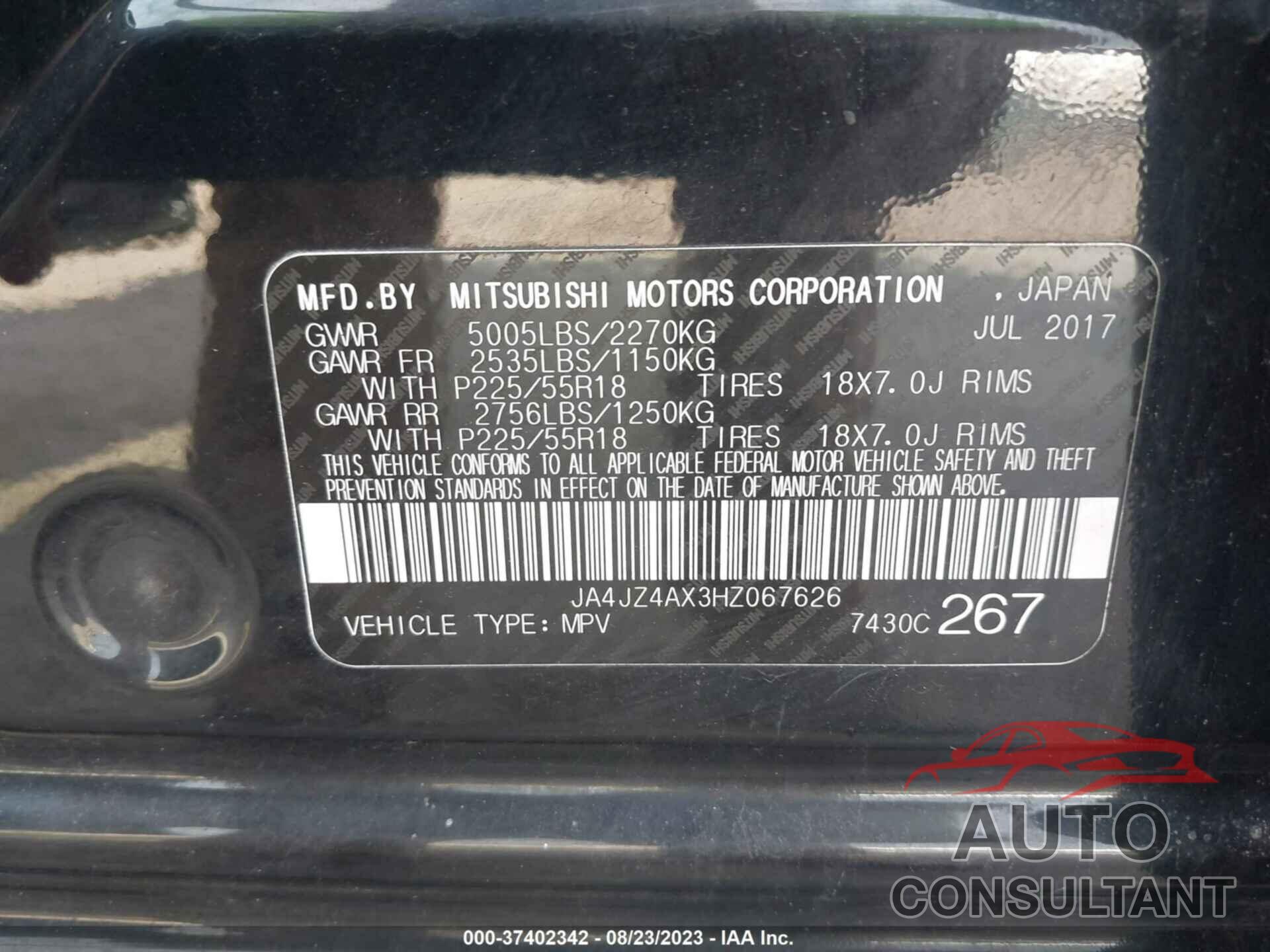 MITSUBISHI OUTLANDER 2017 - JA4JZ4AX3HZ067626