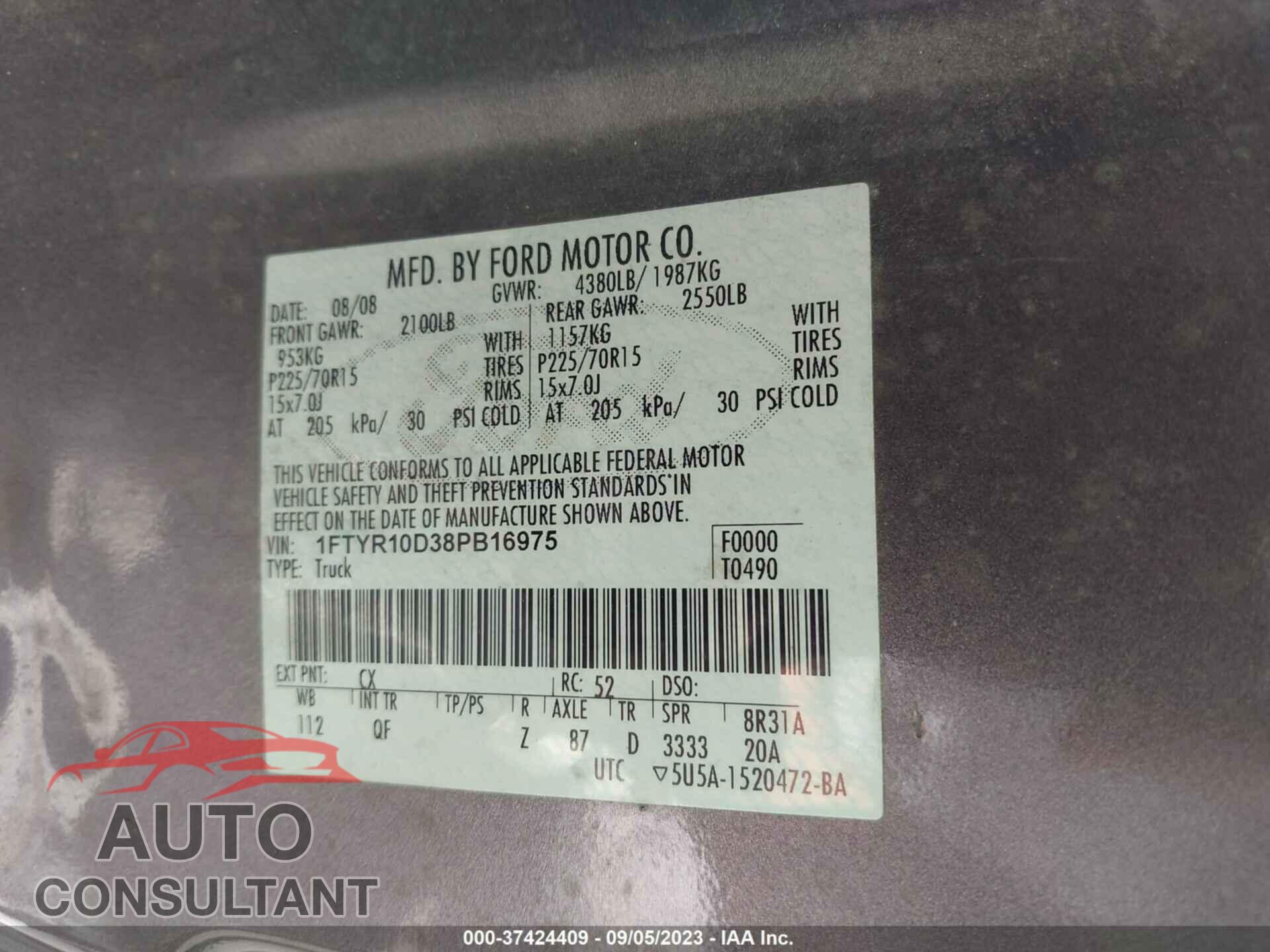 FORD RANGER 2008 - 1FTYR10D38PB16975