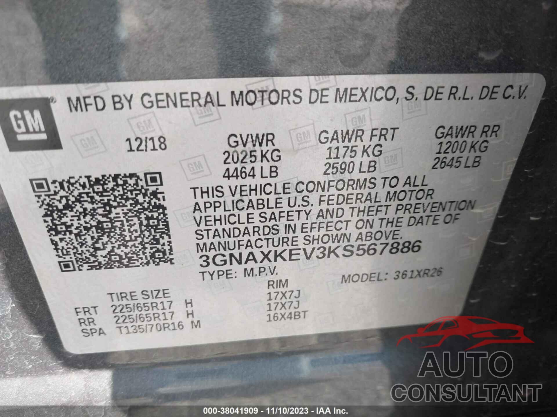 CHEVROLET EQUINOX 2019 - 3GNAXKEV3KS567886