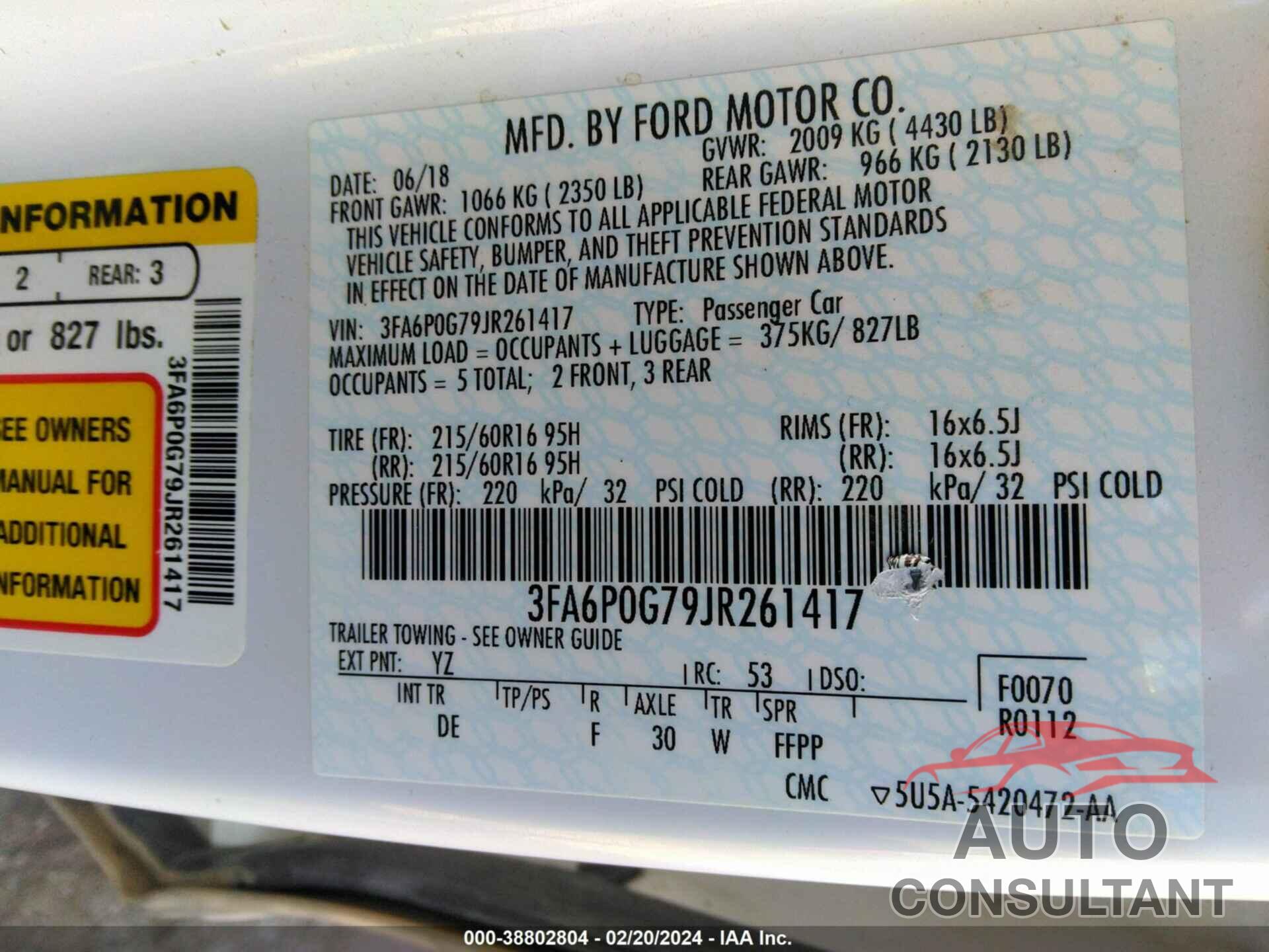 FORD FUSION 2018 - 3FA6P0G79JR261417