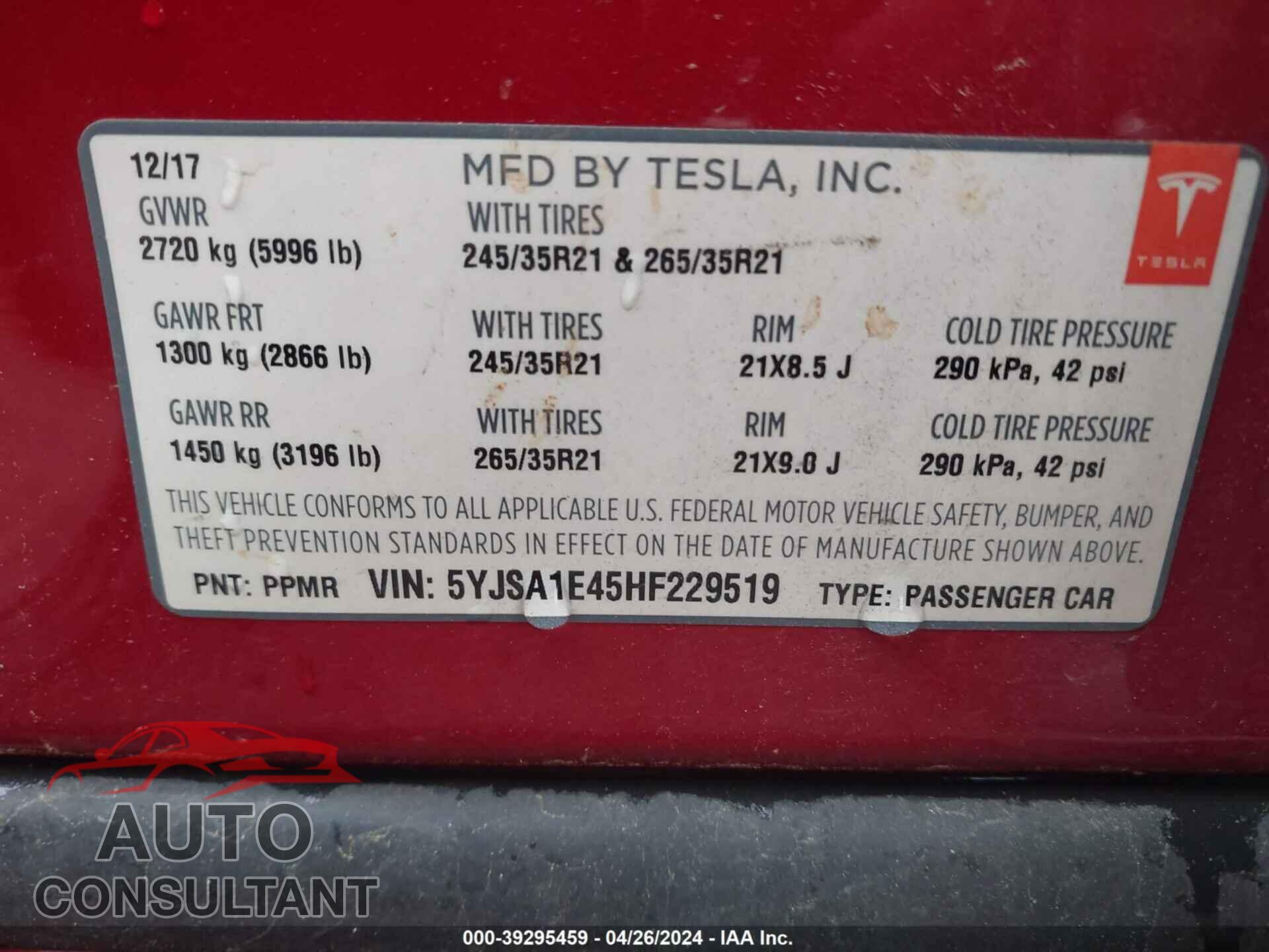 TESLA MODEL S 2017 - 5YJSA1E45HF229519
