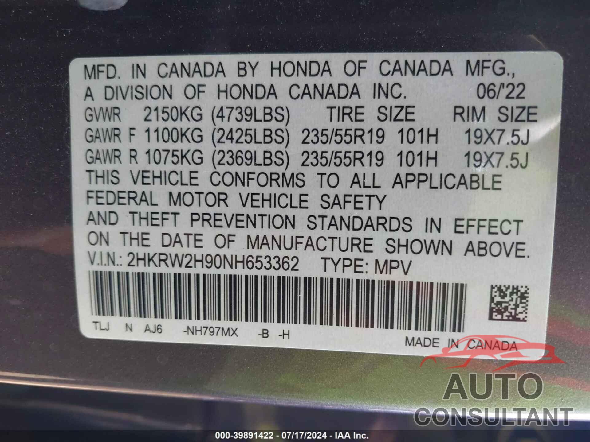 HONDA CR-V 2022 - 2HKRW2H90NH653362