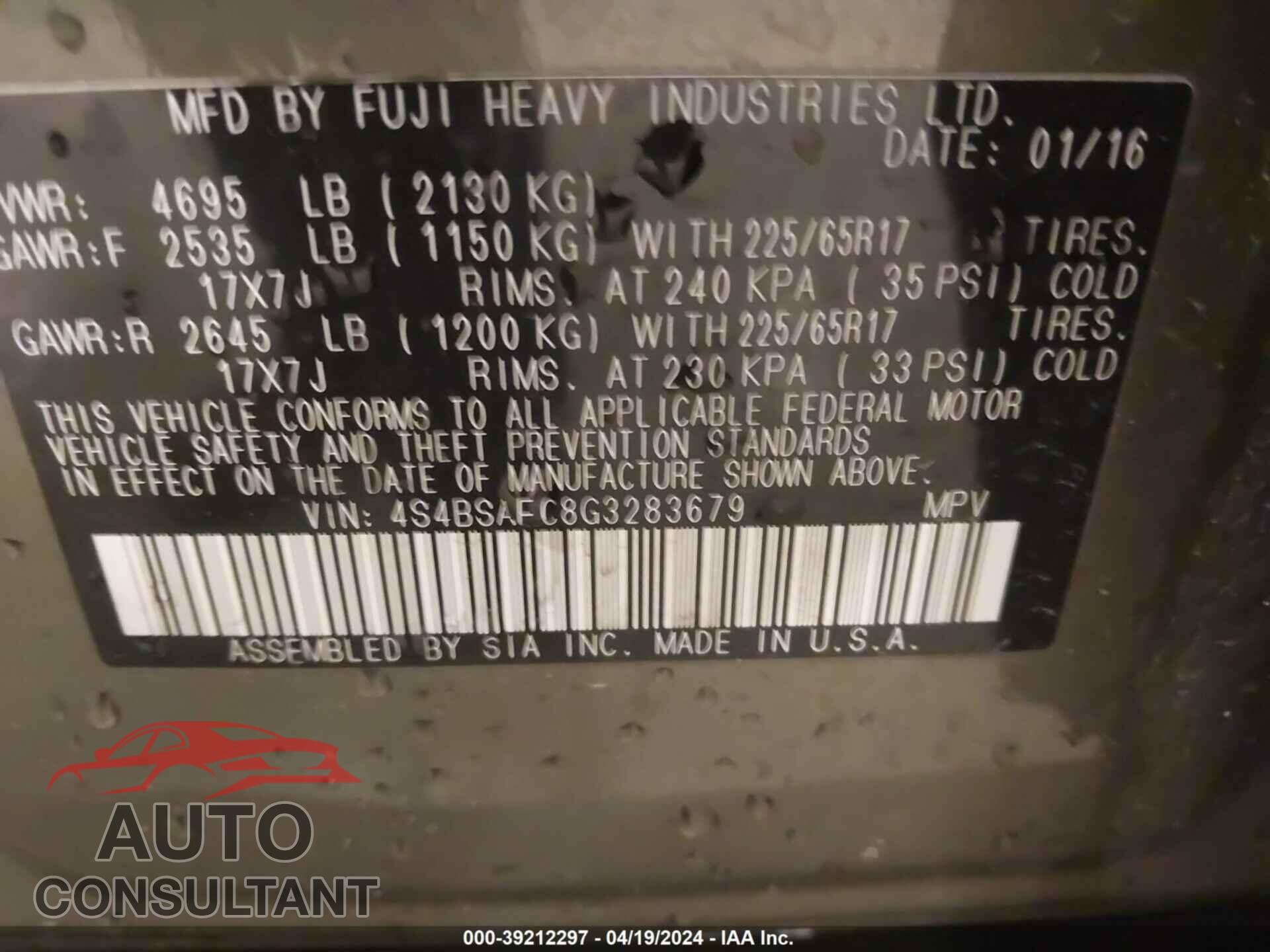 SUBARU OUTBACK 2016 - 4S4BSAFC8G3283679