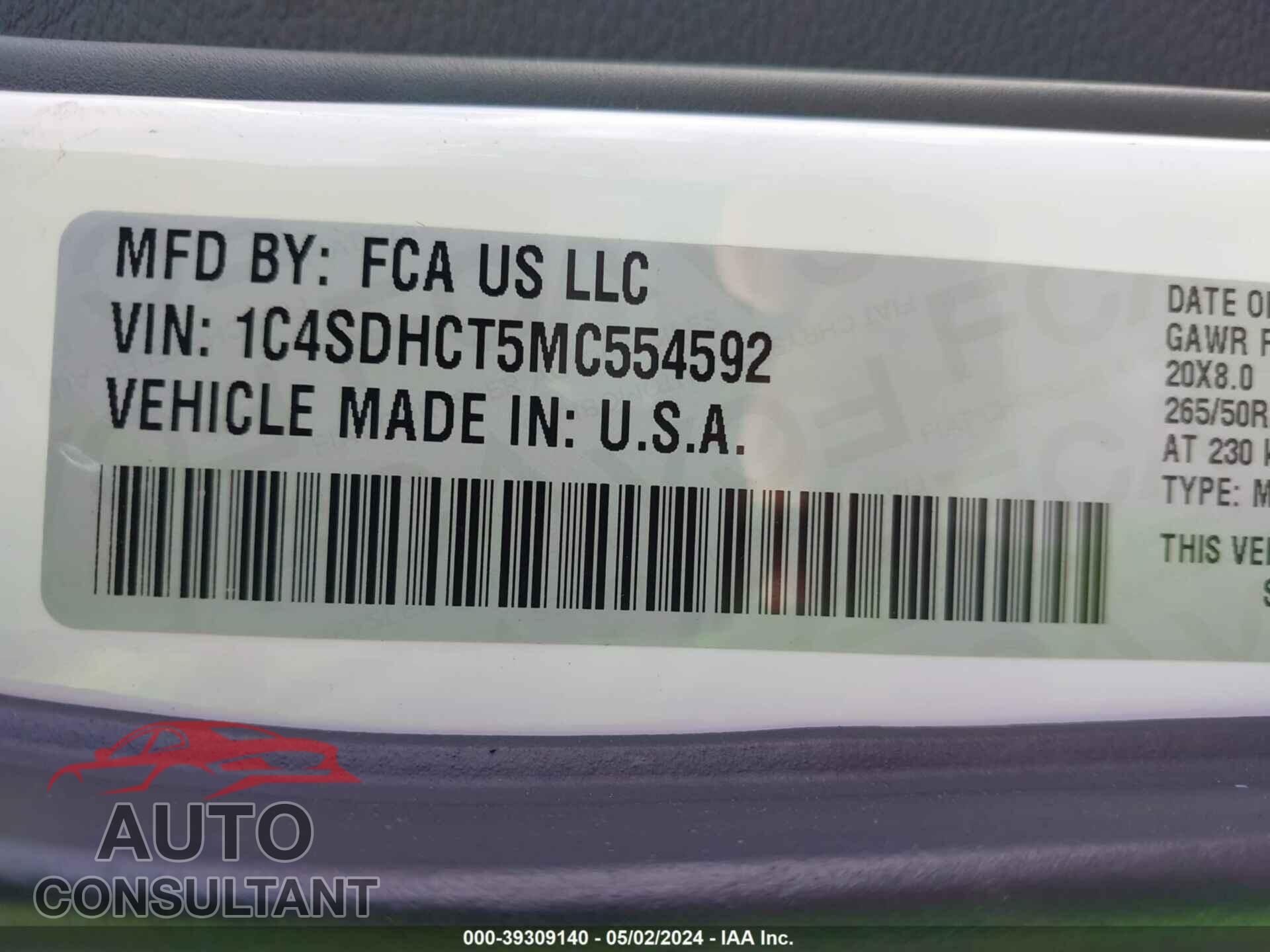 DODGE DURANGO 2021 - 1C4SDHCT5MC554592
