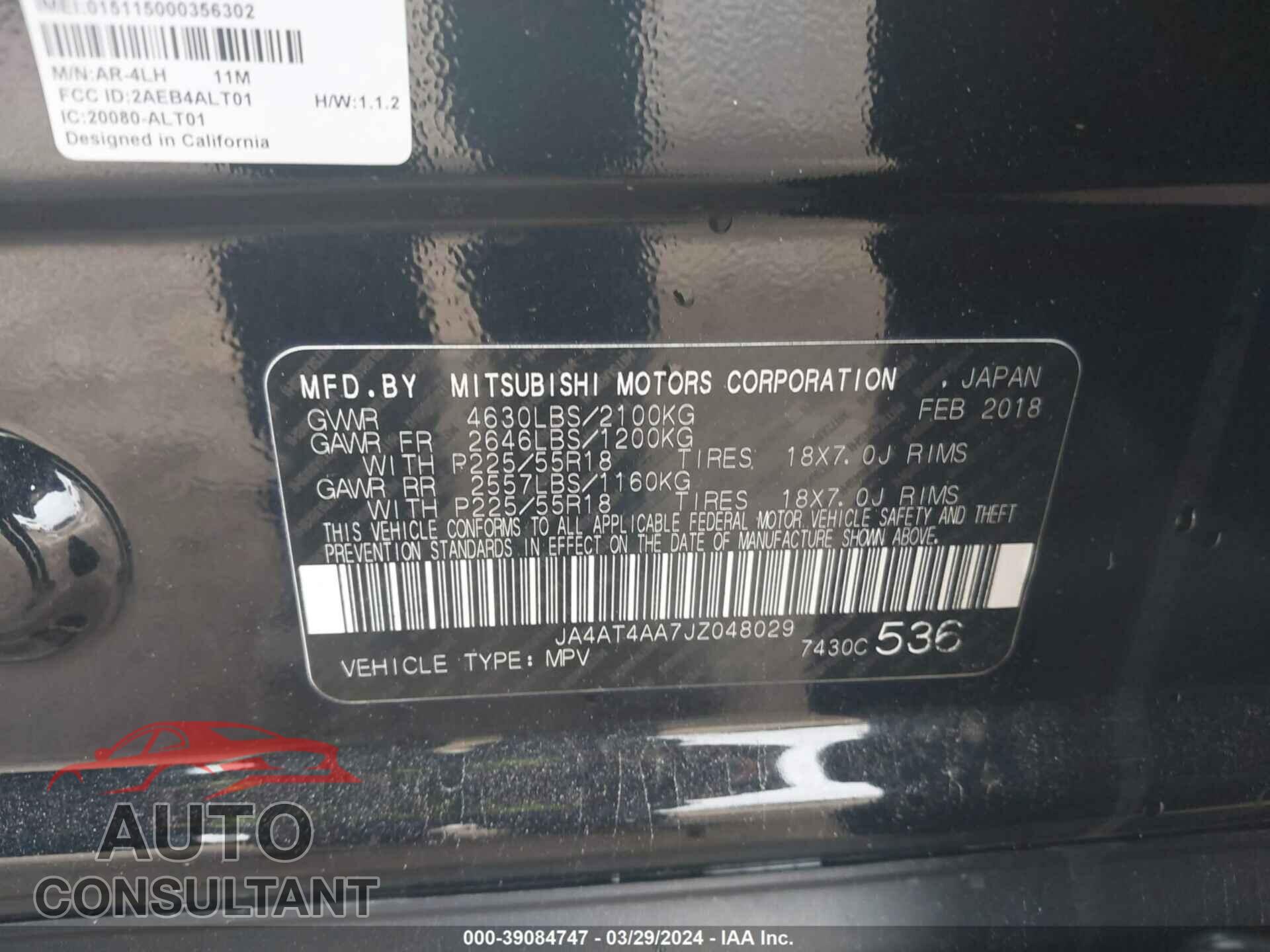 MITSUBISHI ECLIPSE CROSS 2018 - JA4AT4AA7JZ048029