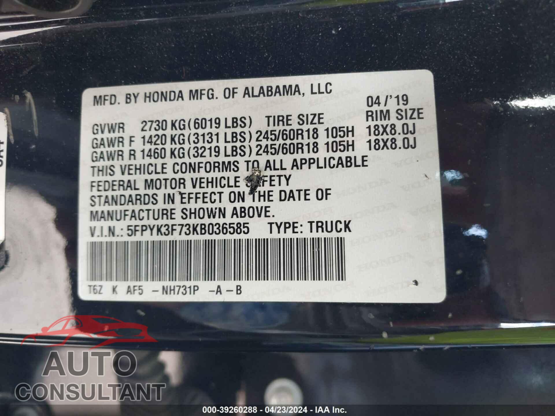 HONDA RIDGELINE 2019 - 5FPYK3F73KB036585