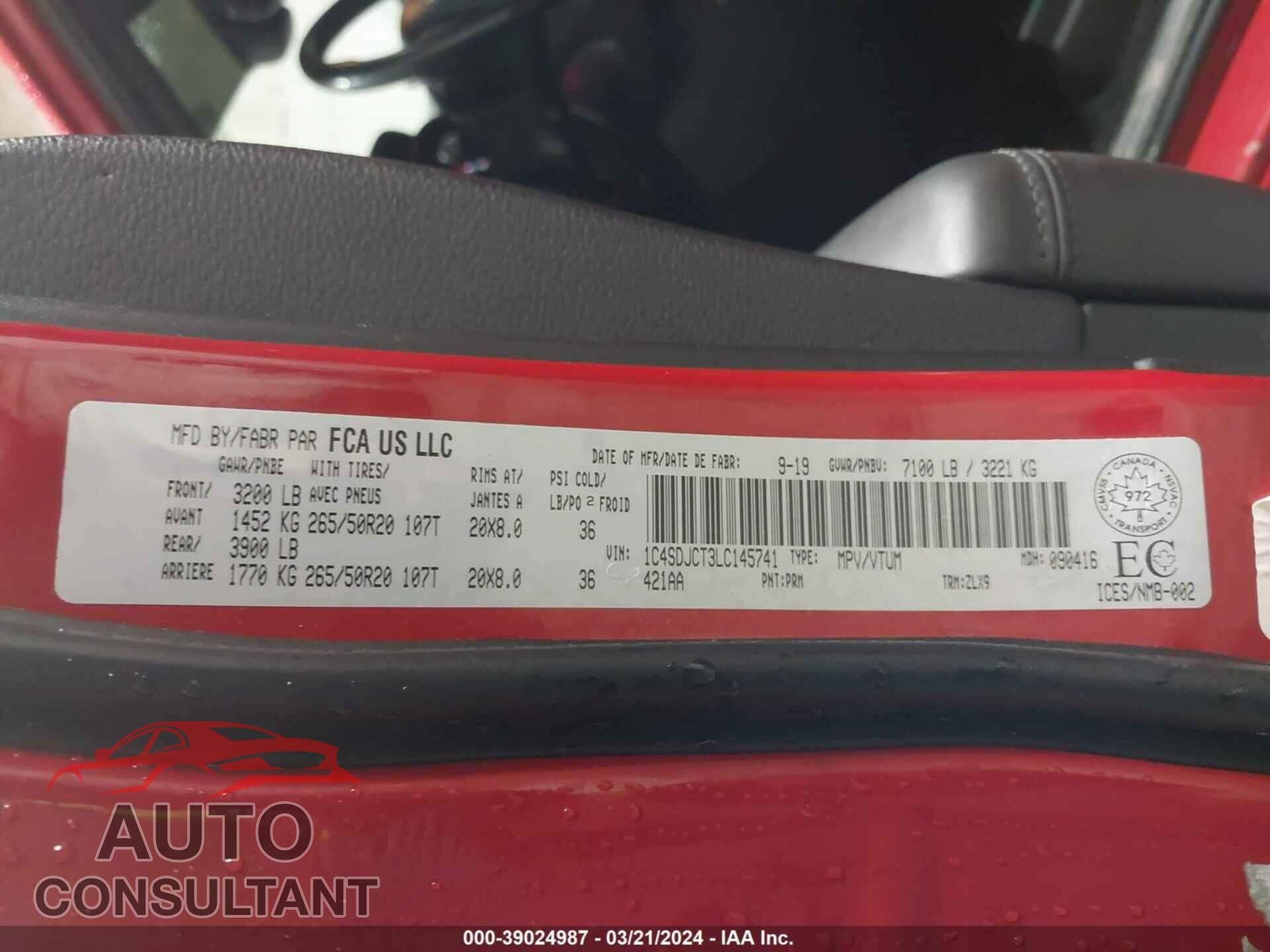 DODGE DURANGO 2020 - 1C4SDJCT3LC145741