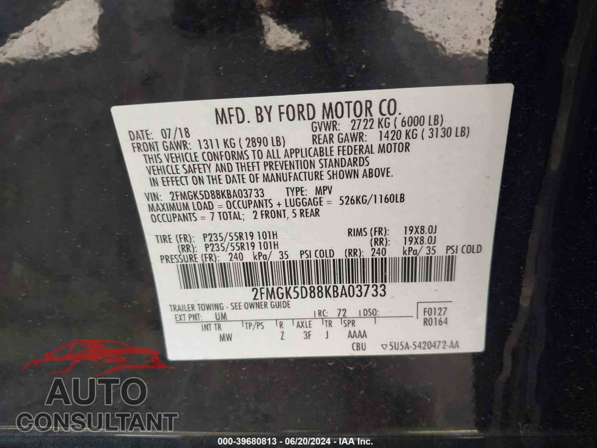 FORD FLEX 2019 - 2FMGK5D88KBA03733