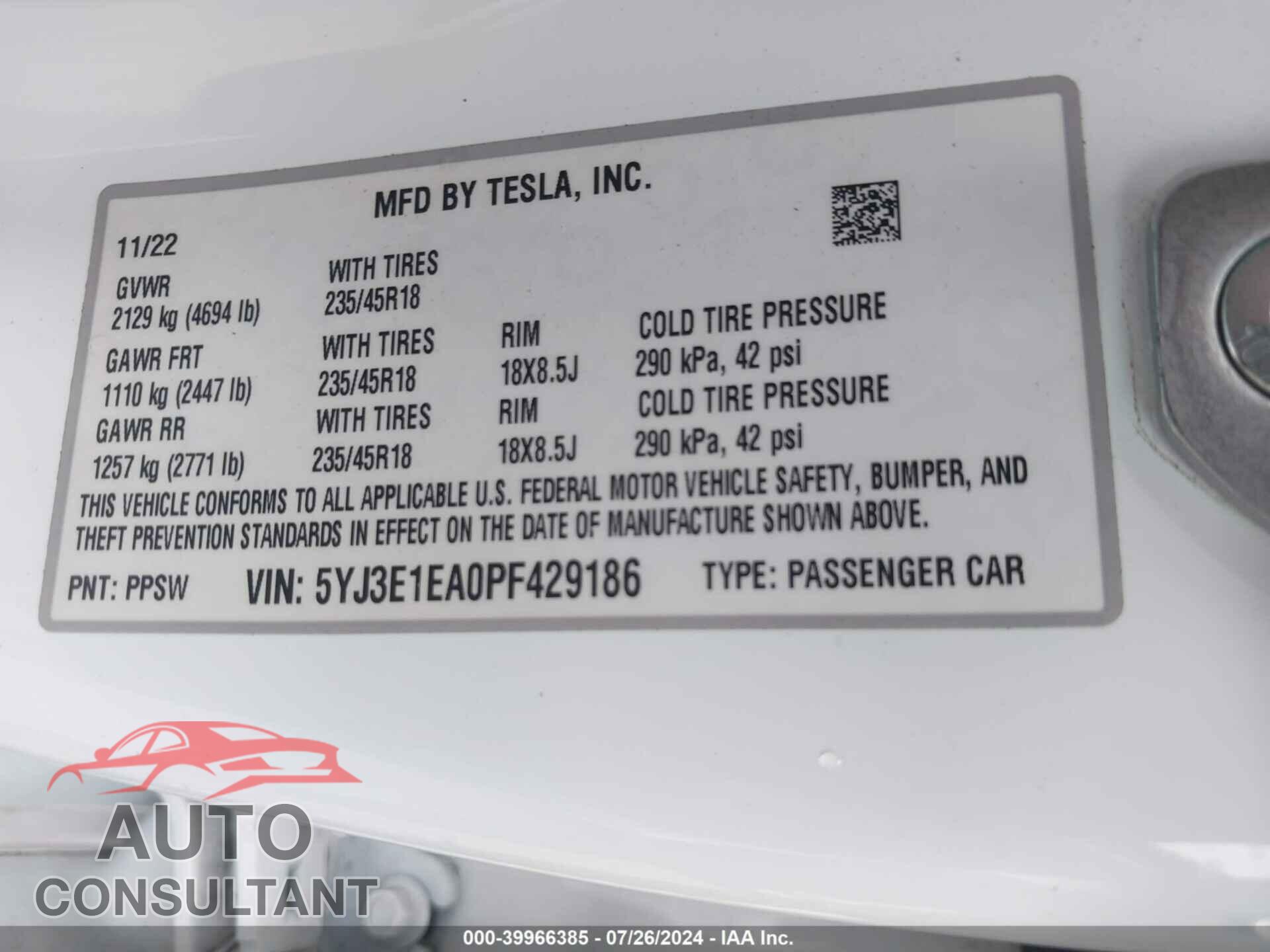TESLA MODEL 3 2023 - 5YJ3E1EA0PF429186