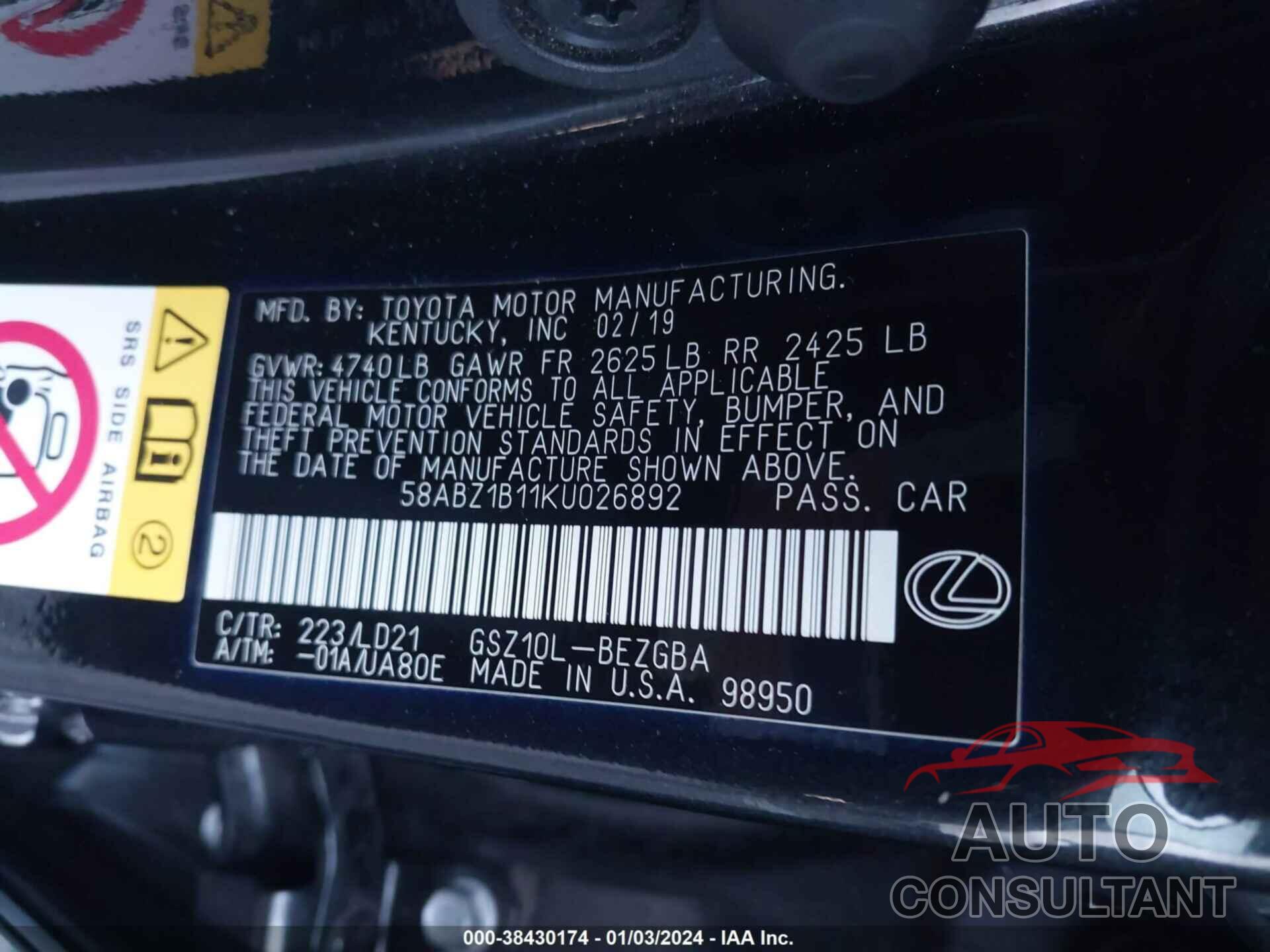 LEXUS ES 350 2019 - 58ABZ1B11KU026892