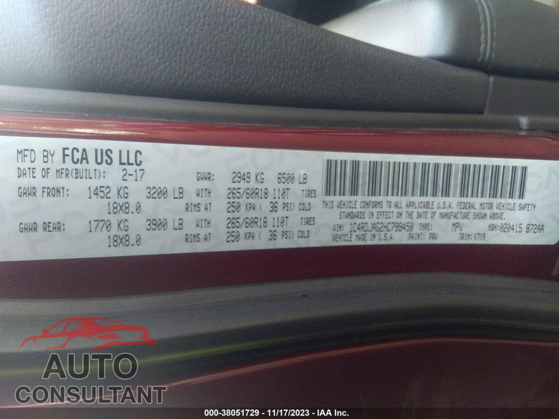 DODGE DURANGO 2017 - 1C4RDJAG2HC799450