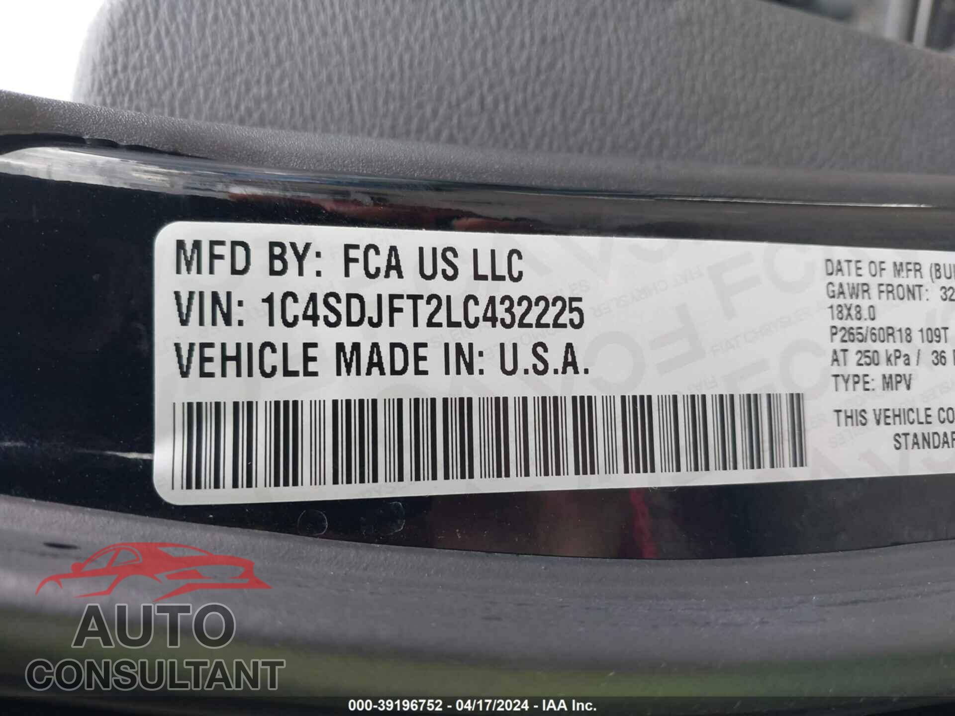 DODGE DURANGO 2020 - 1C4SDJFT2LC432225