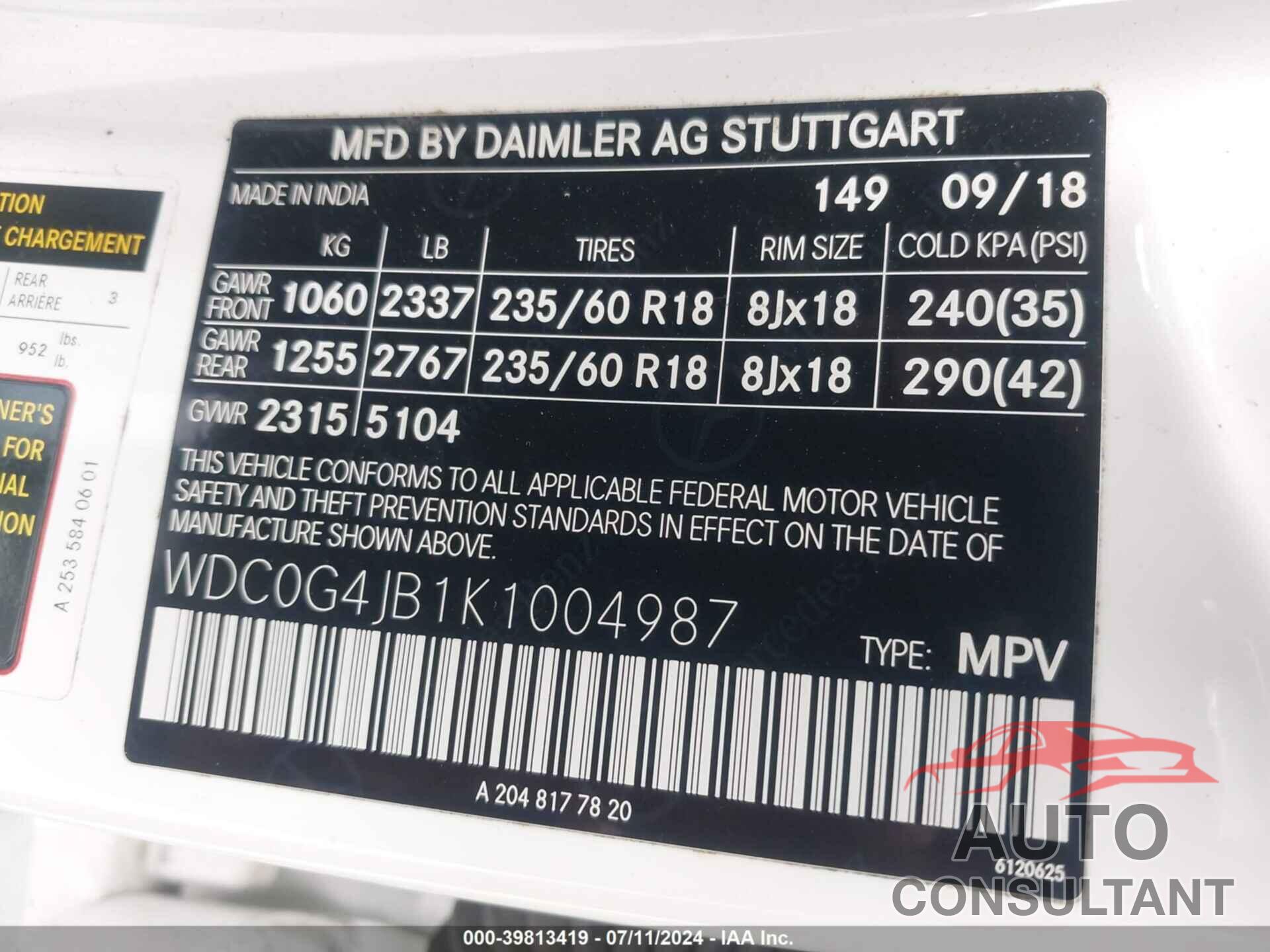 MERCEDES-BENZ GLC 300 2019 - WDC0G4JB1K1004987