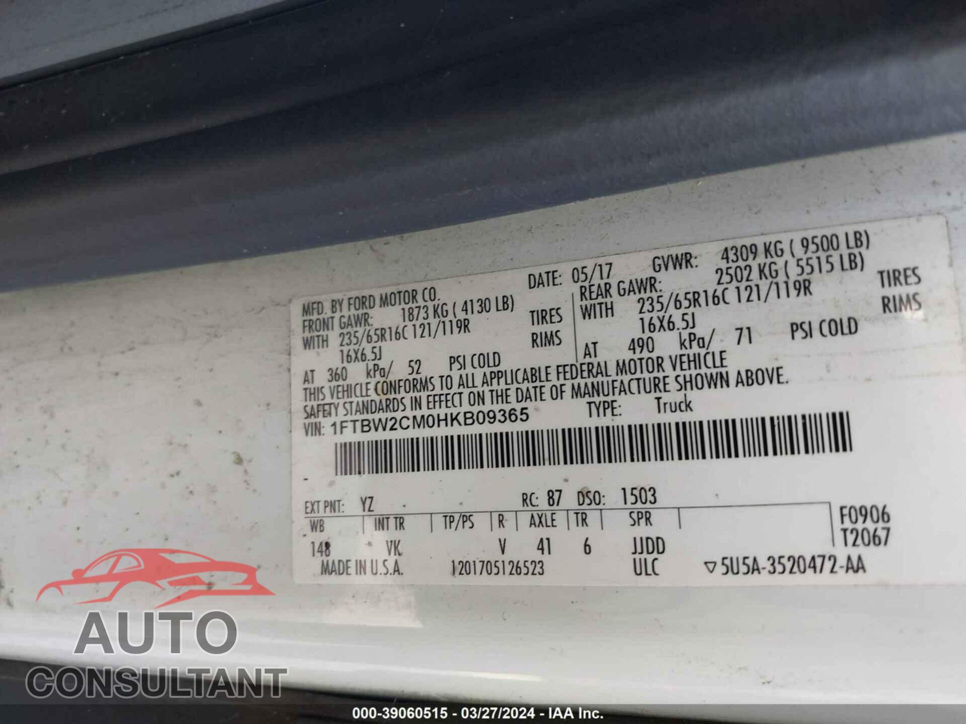 FORD TRANSIT 2017 - 1FTBW2CM0HKB09365