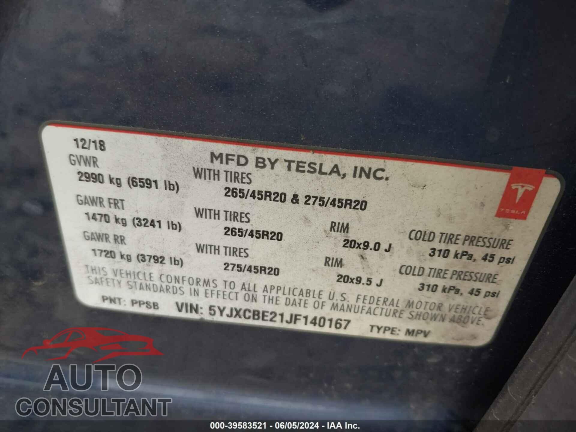 TESLA MODEL X 2018 - 5YJXCBE21JF140167