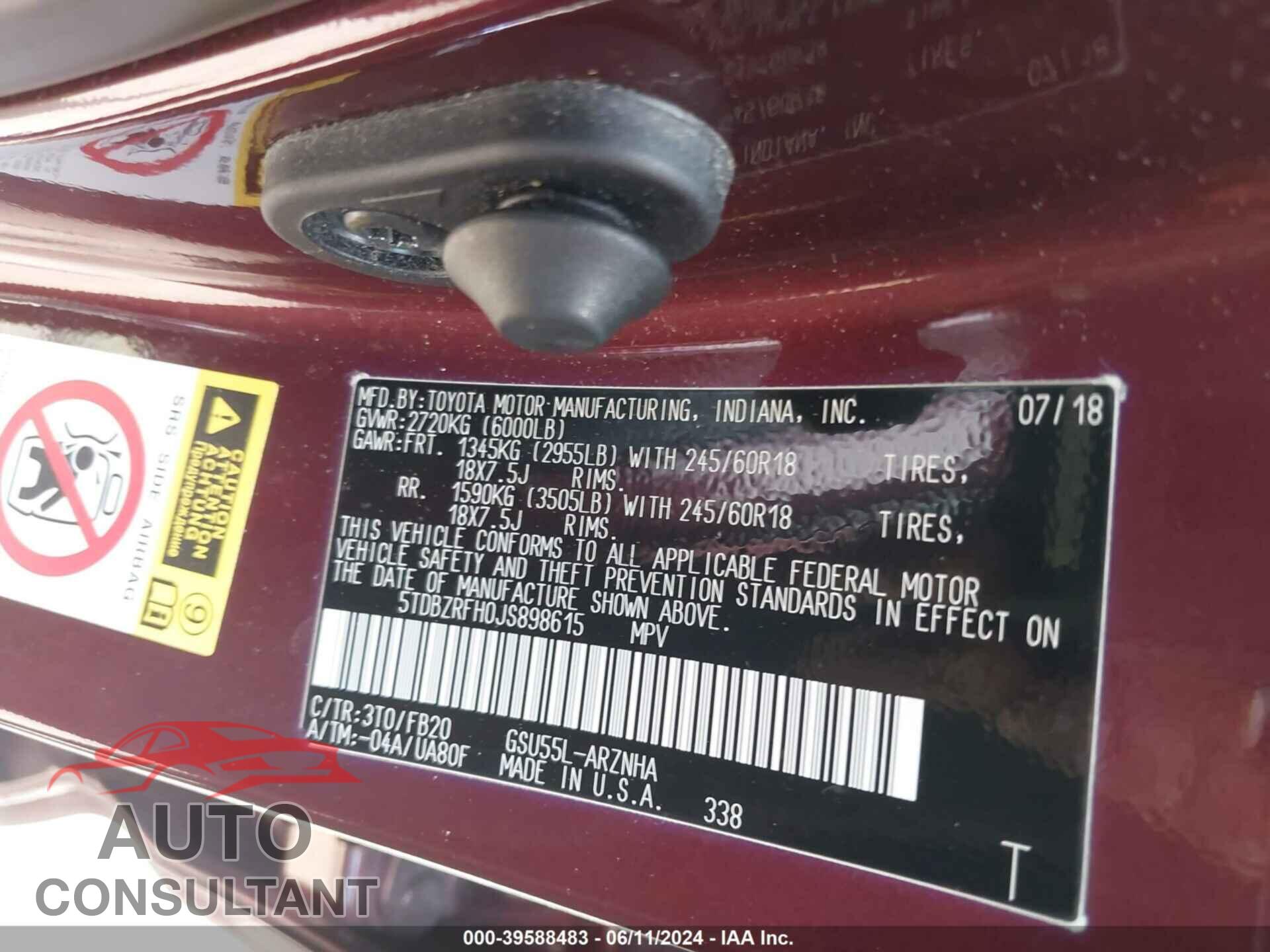 TOYOTA HIGHLANDER 2018 - 5TDBZRFH0JS898615