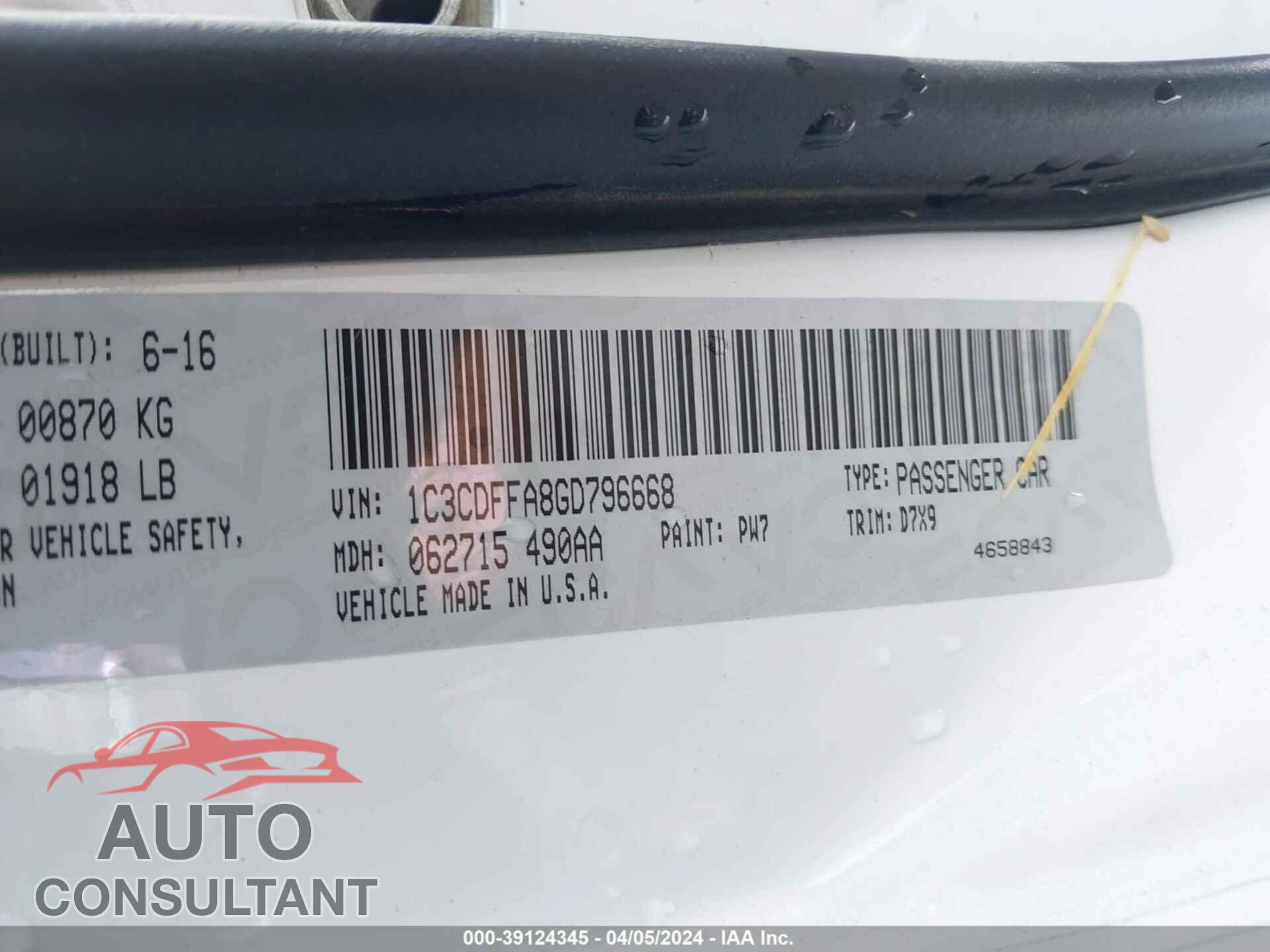 DODGE DART 2016 - 1C3CDFFA8GD796668