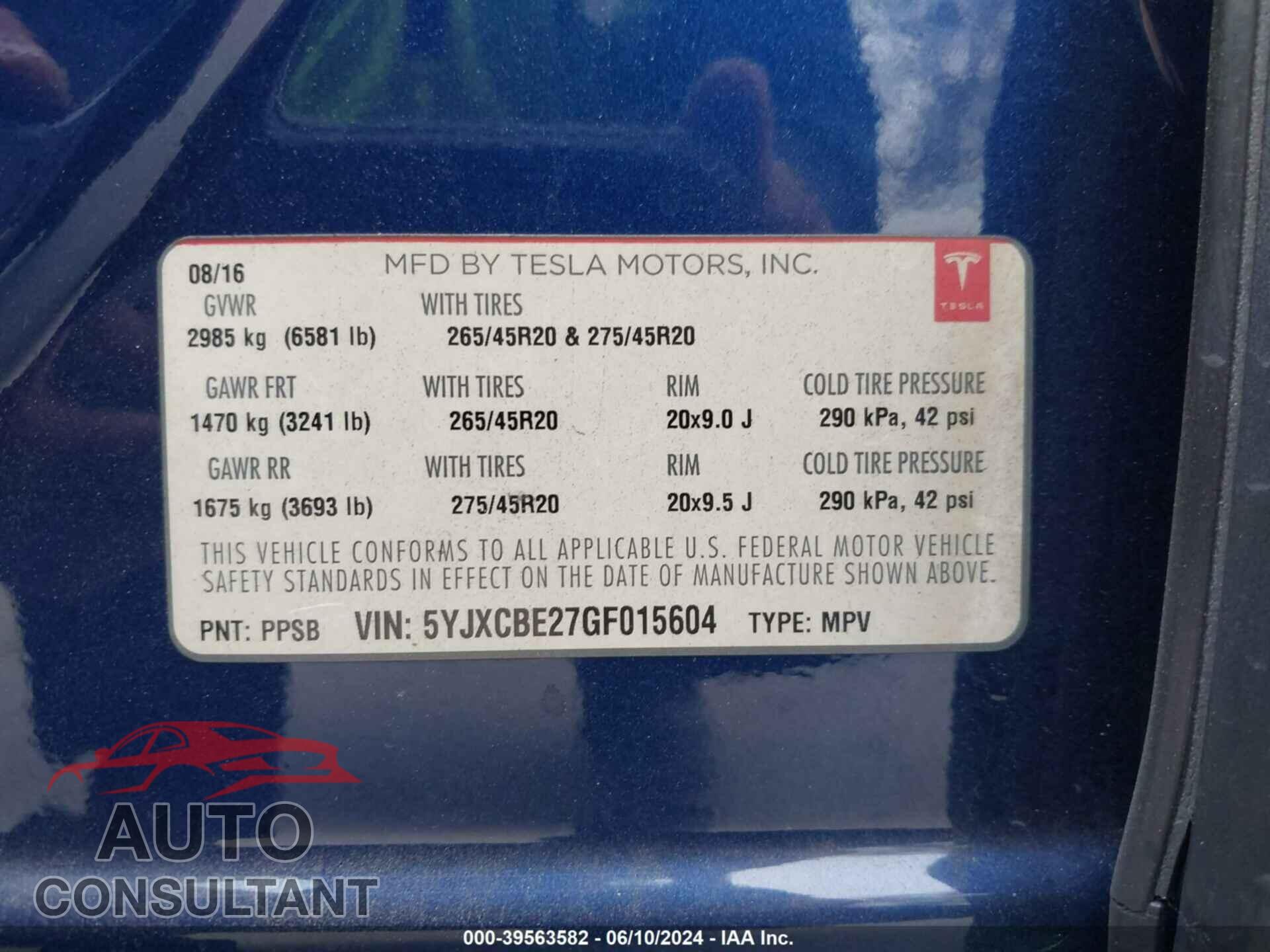 TESLA MODEL X 2016 - 5YJXCBE27GF015604