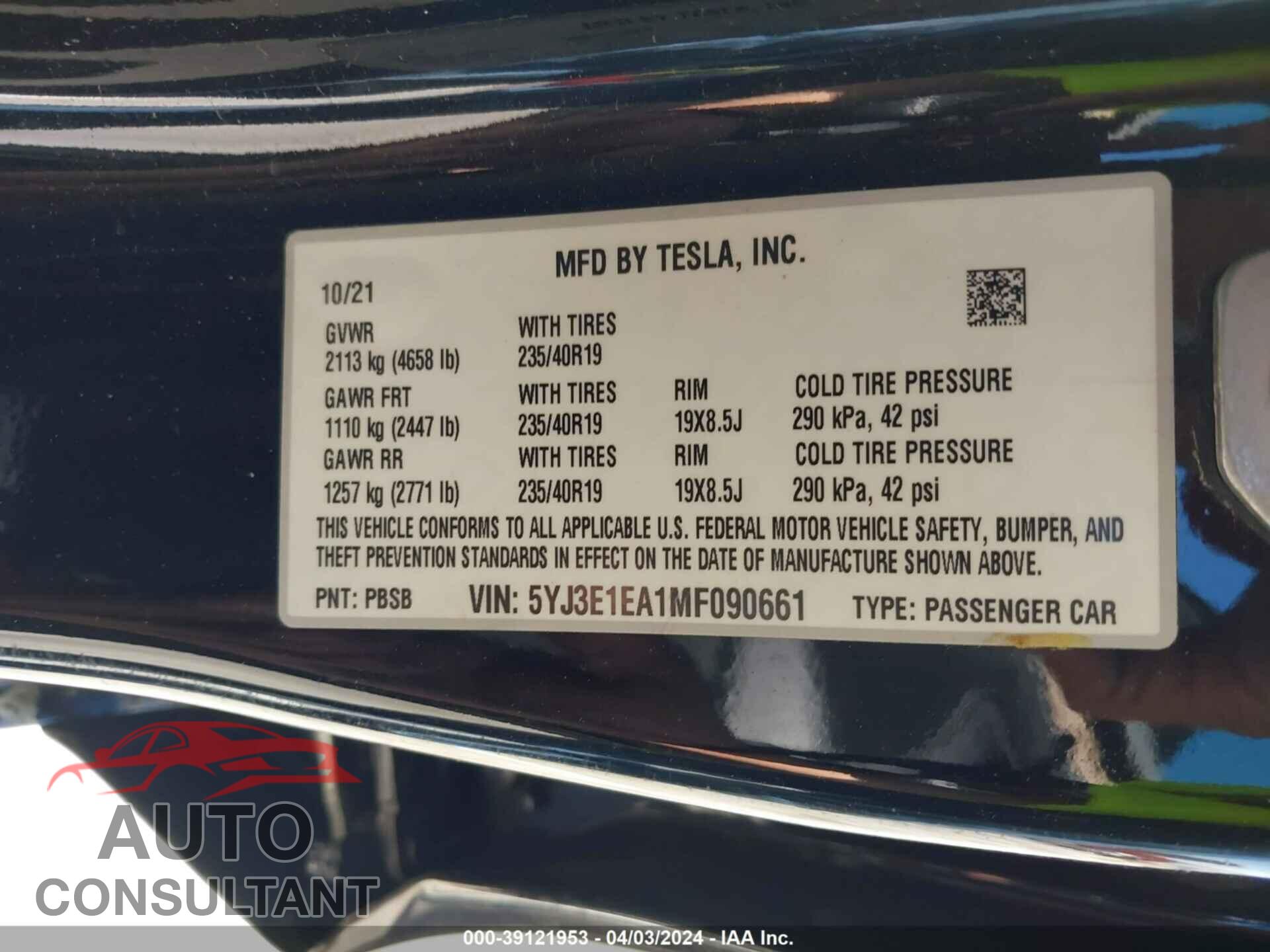 TESLA MODEL 3 2021 - 5YJ3E1EA1MF090661