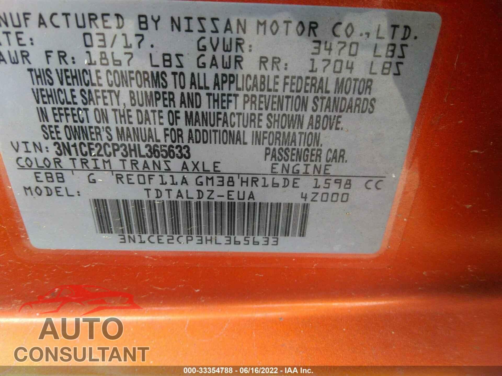 NISSAN VERSA NOTE 2017 - 3N1CE2CP3HL365633