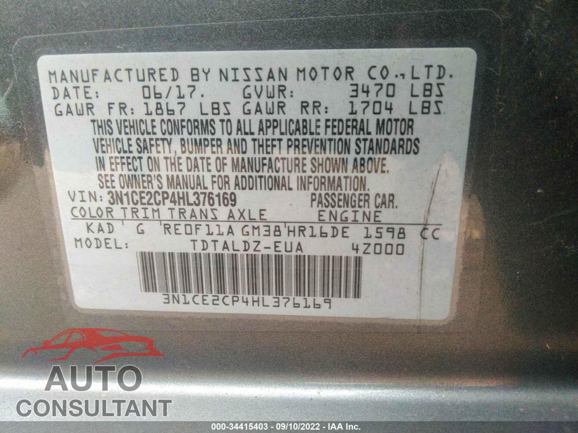 NISSAN VERSA NOTE 2017 - 3N1CE2CP4HL376169