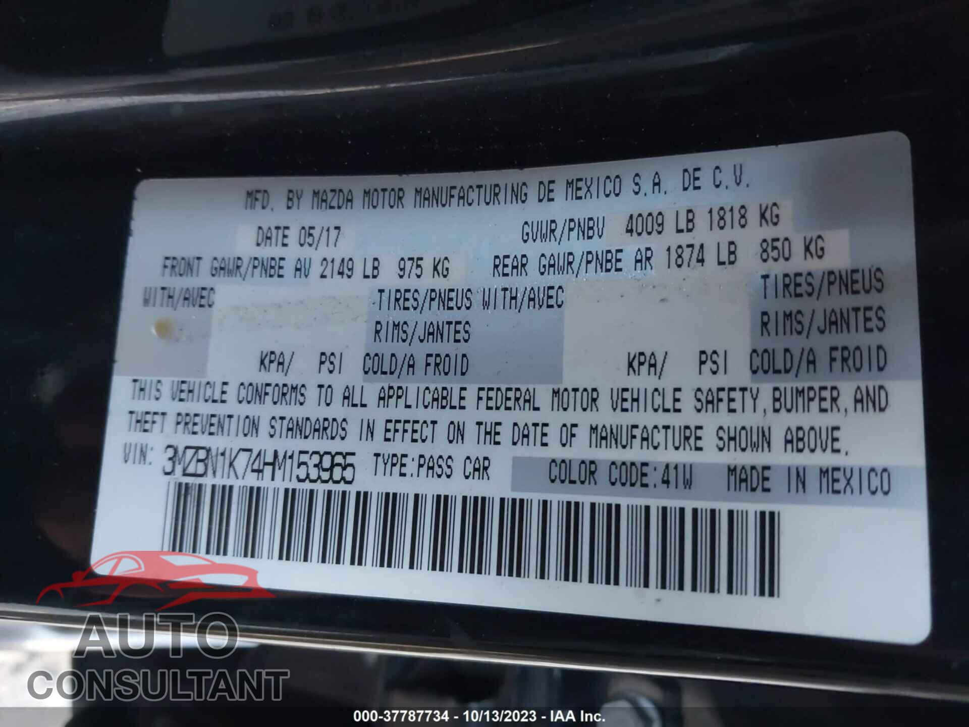 MAZDA MAZDA3 2017 - 3MZBN1K74HM153965